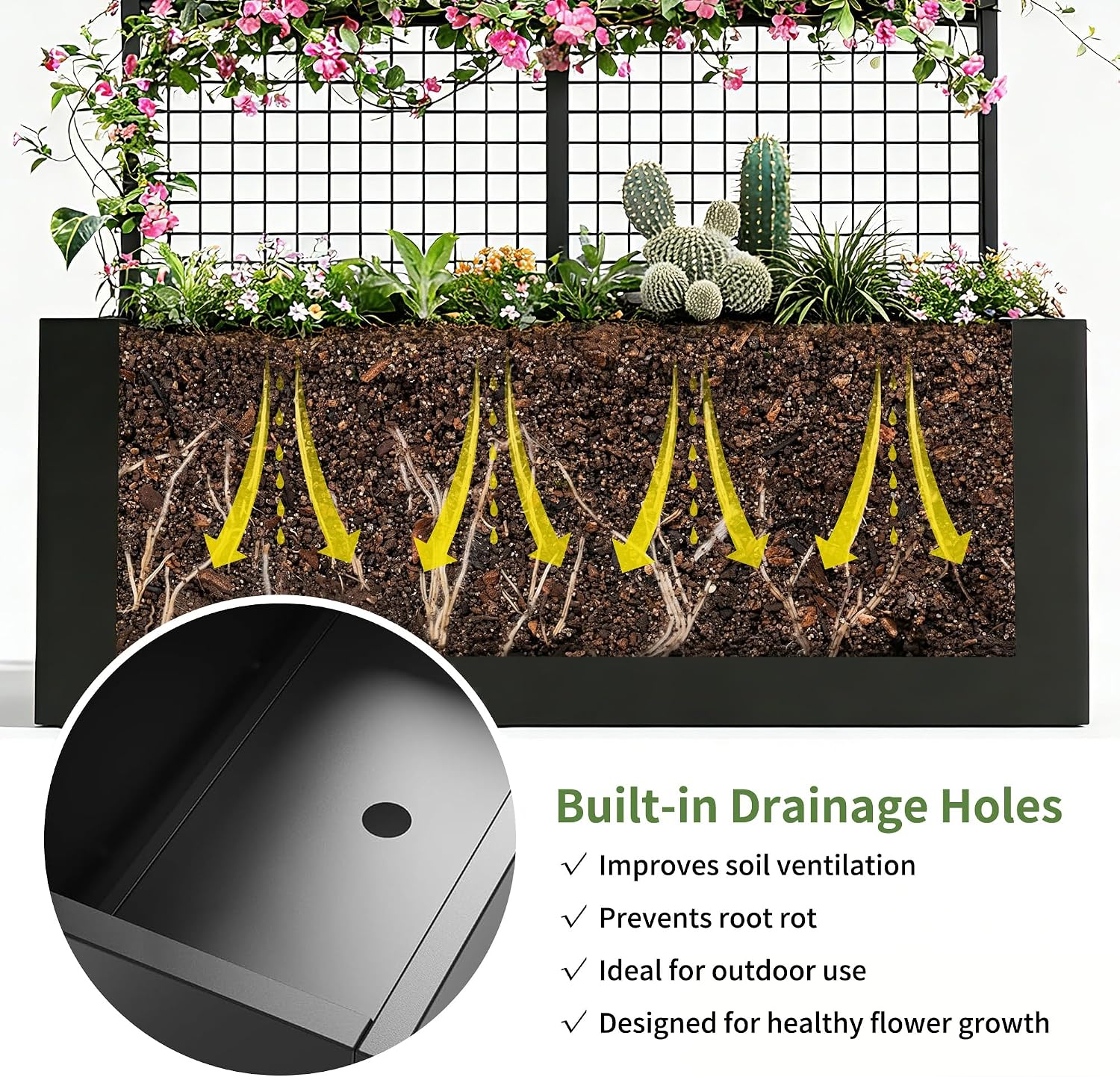 Privacy Planters for Patio – Metal Raised Garden Bed with Trellis and Privacy Screen, 71' x 35' x 16' Planter Box with Drainage Holes for Climbing Plants, Vegetables, and Vines, Outdoor Backyard Black