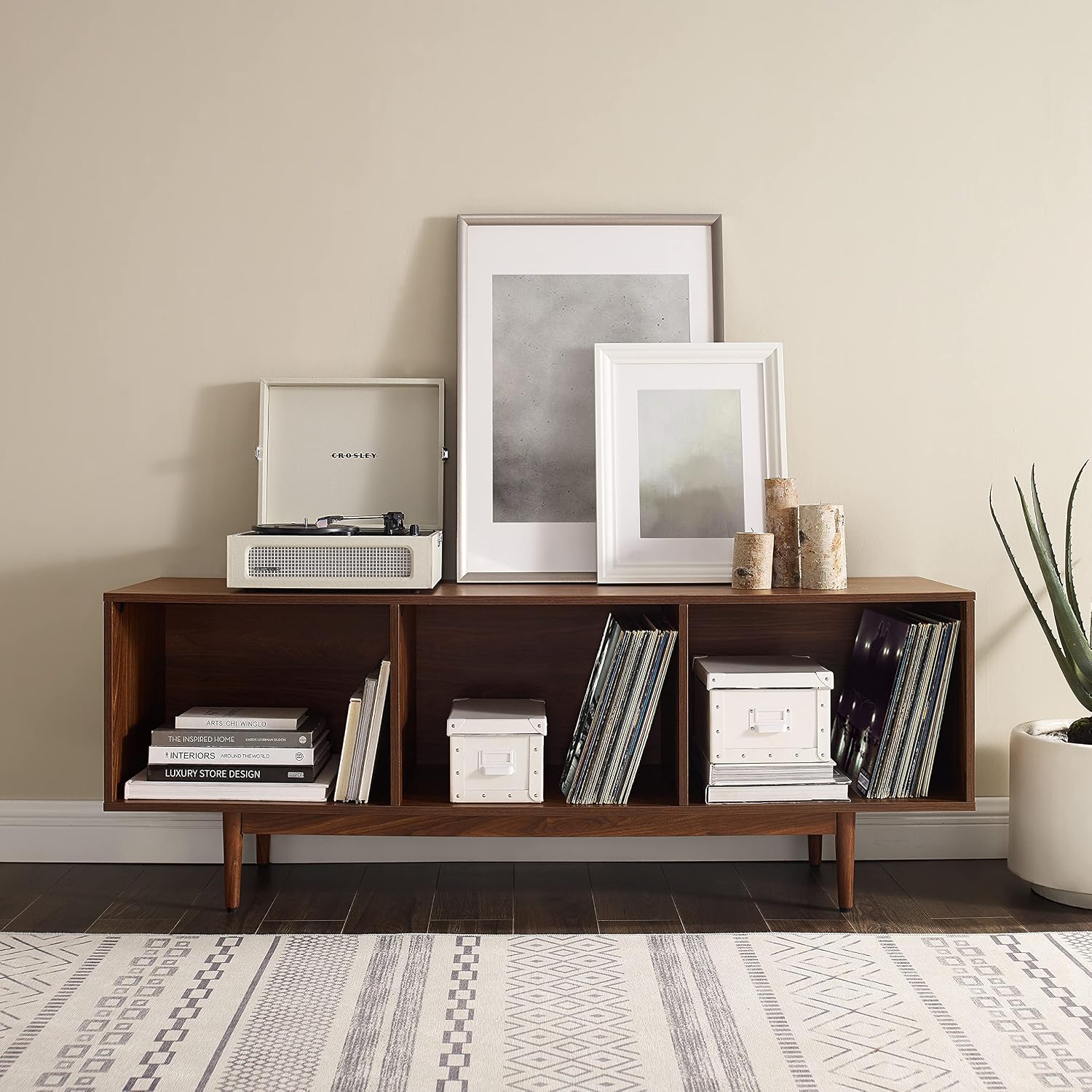 Crosley Furniture Liam Large Vinyl Record Storage TV Stand and Entertainment Center, Media Console, Walnut