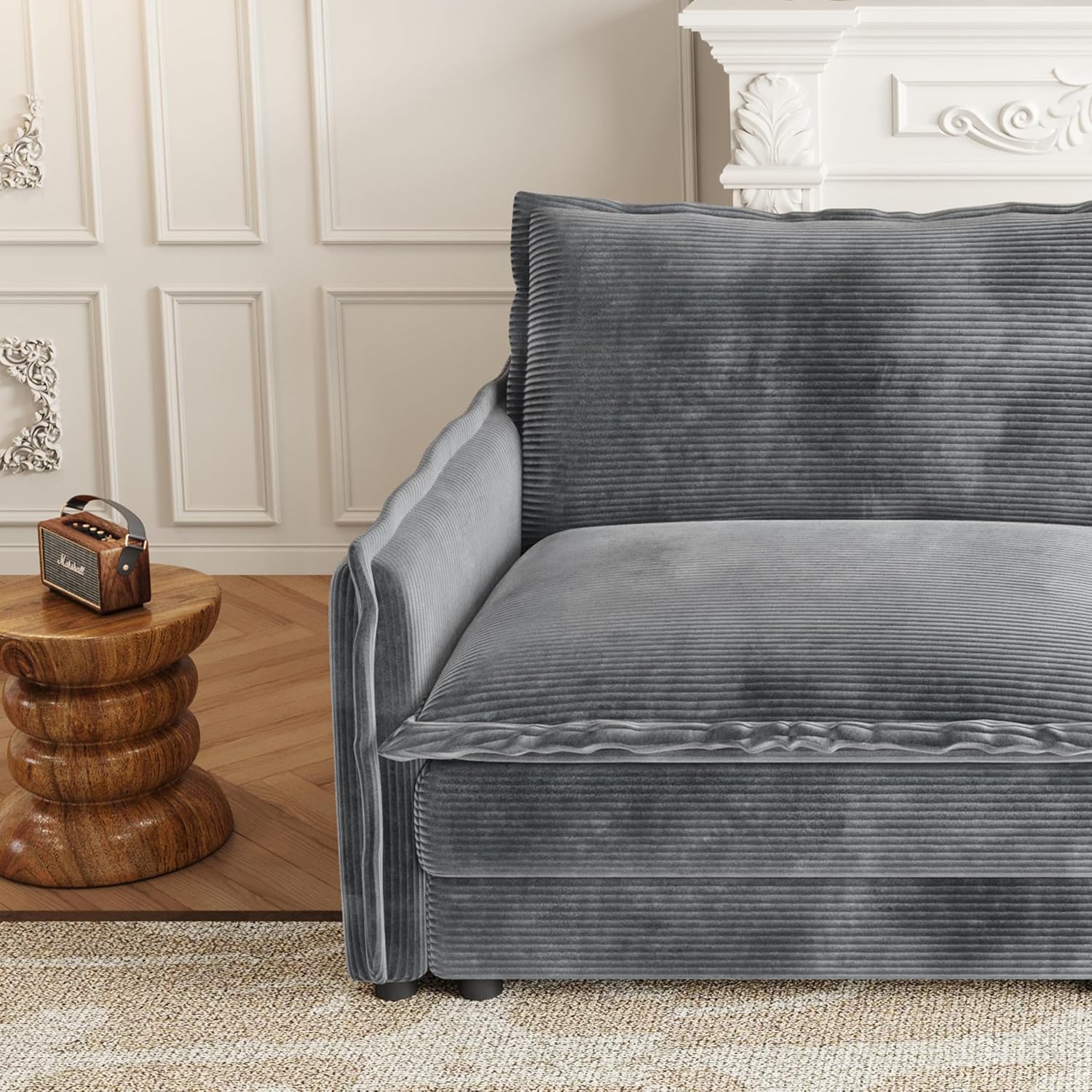 Gecheer Corduroy Fabric 3-Seater Couch with Movable Footrest, L-Shaped Sofa Set with 3 Cushions for Living Room, Bedroom, Terrace