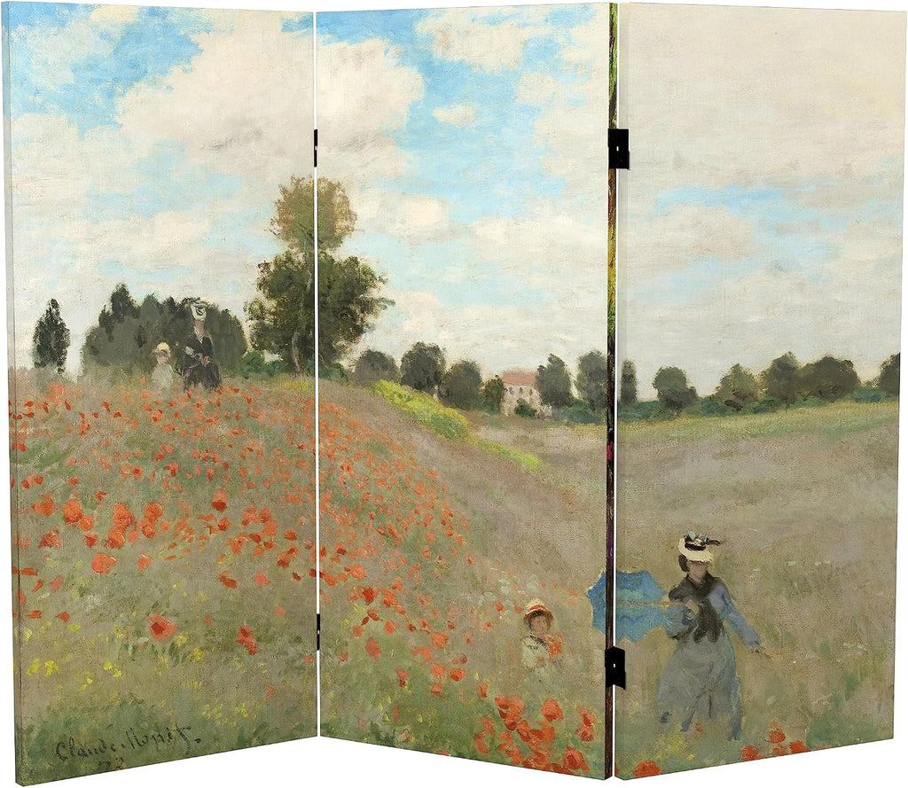 Red Lantern 3 ft. Short Double Sided Works of Monet Canvas Folding Screen 3 Panel Freestanding Partition and Separator for Modern and Contemporary Bedroom, Home Office, Studio, Dorm, Apartment