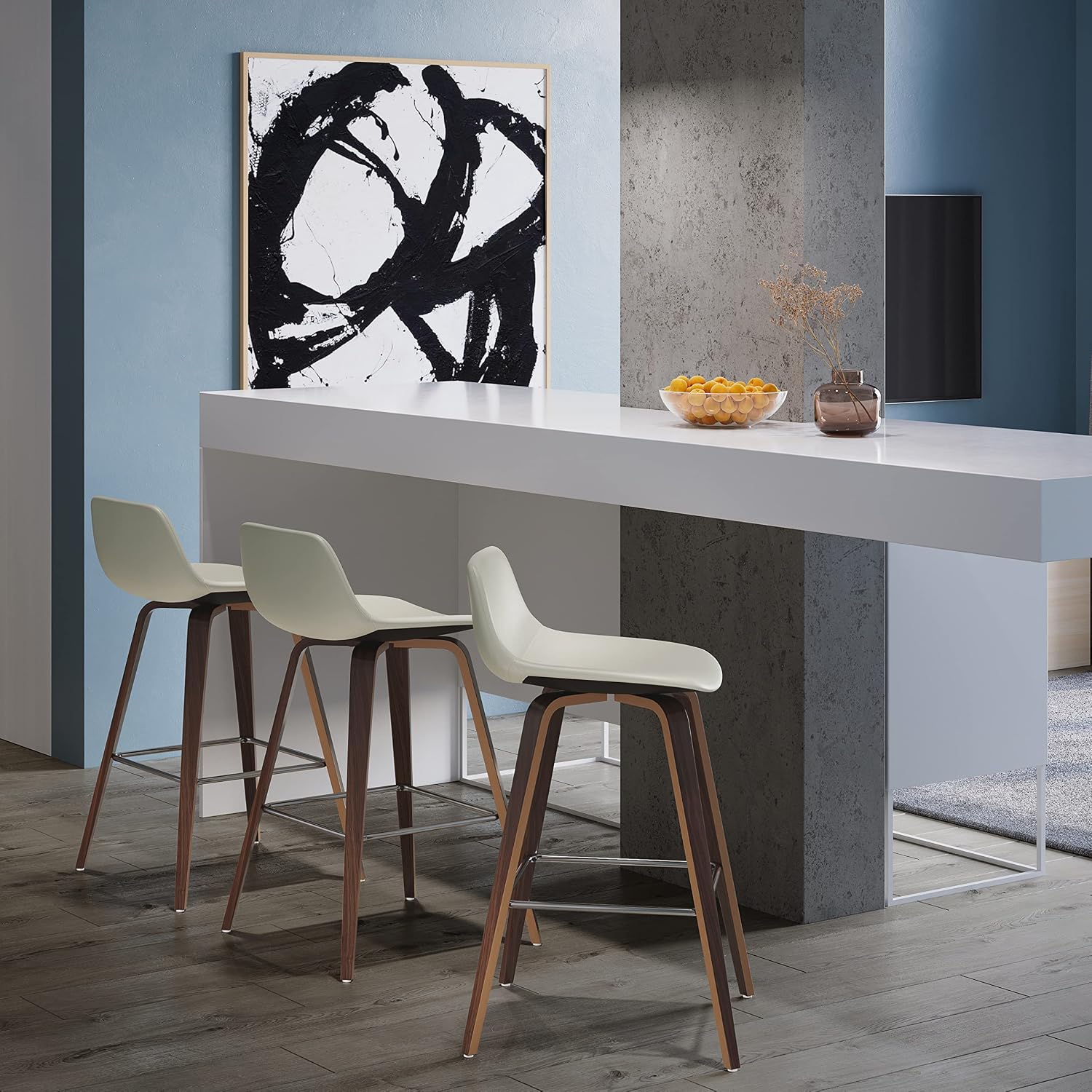 SIMPLIHOME Randolph Counter Stools (Set of 2) - 28 Inch Seat Height Upholstered Bentwood Bar Stools in Cream PU Faux Leather, Mid Century Modern Seating with Curved Backrest and Chrome Footrest