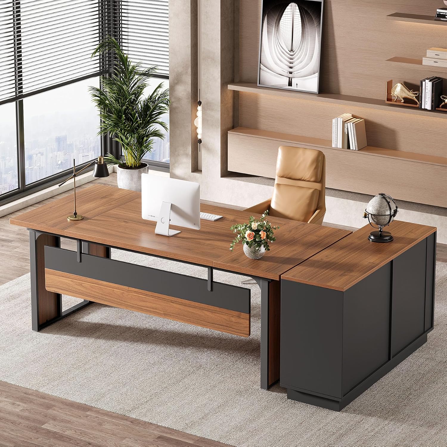 Tribesigns 63'' L-Shaped Executive Desk, Office Table with 39.37-Inch Drawers Cabinet, Large Computer Desk with Storage Shelves, Business Furniture Set for Home Office, Brown & Black