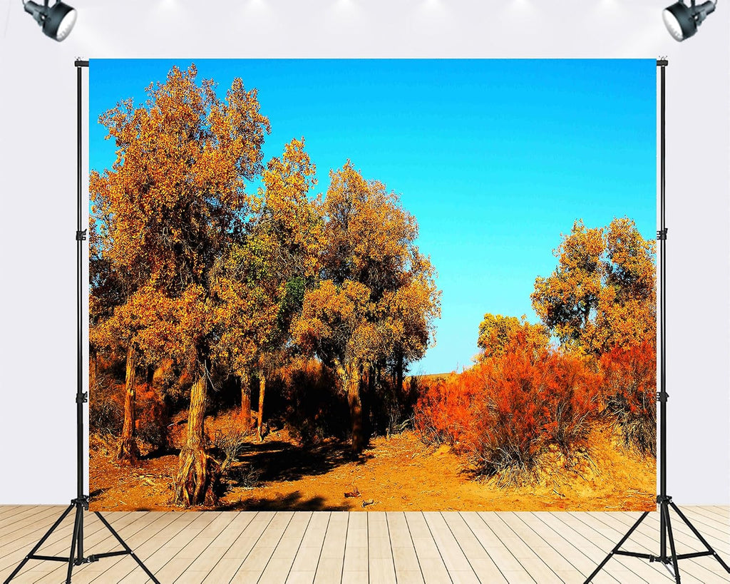 Trykid 20x10ft Golden Poplar Forest Backdrop Red Desert Bush Clear Blue Sky Wild Scenery Photography Background Autumn Travel Party Decoration Photo Booth Prop Fabric