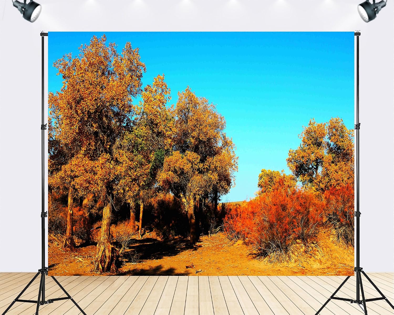 Trykid 20x10ft Golden Poplar Forest Backdrop Red Desert Bush Clear Blue Sky Wild Scenery Photography Background Autumn Travel Party Decoration Photo Booth Prop Fabric