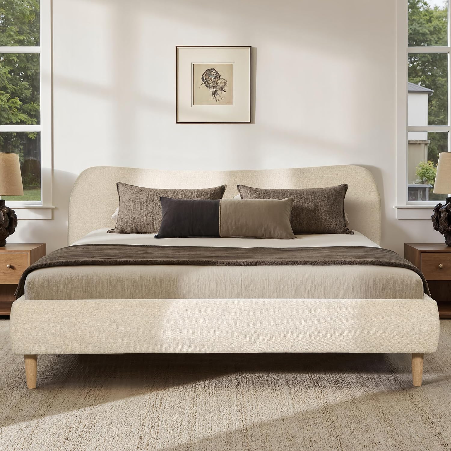 Jennifer Taylor Home Roman Curved Headboard Upholstered Platform Bed, King, Oatmeal Light Beige Chenille