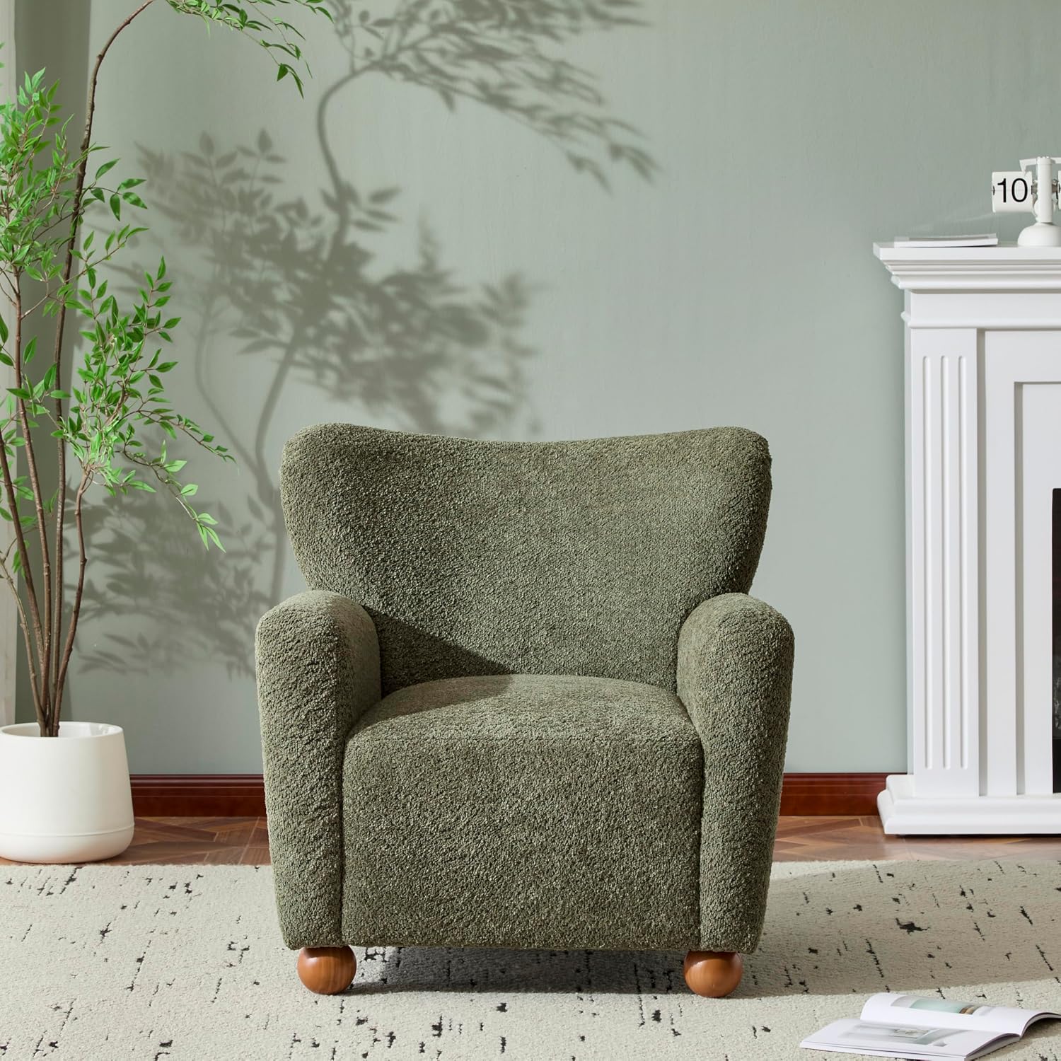 Christopher Knight Home Lindy Wingback Accent Chair, Upholstered Armchair with Rounded Wooden Legs, Curved Backrest Single Sofa, Soft Cushion Seating, Comfy Lounge Chair for Living Room, Olive Green