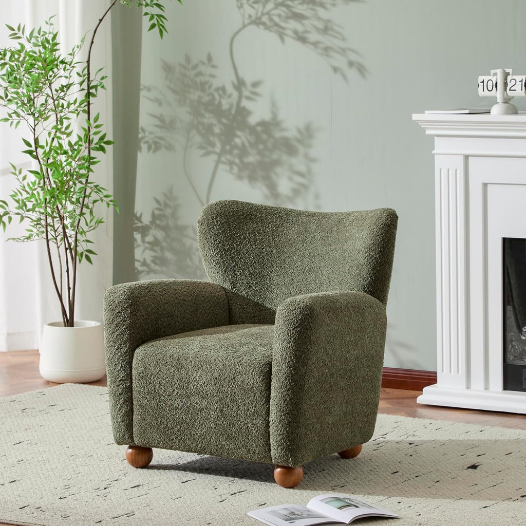 Christopher Knight Home Lindy Wingback Accent Chair, Upholstered Armchair with Rounded Wooden Legs, Curved Backrest Single Sofa, Soft Cushion Seating, Comfy Lounge Chair for Living Room, Olive Green