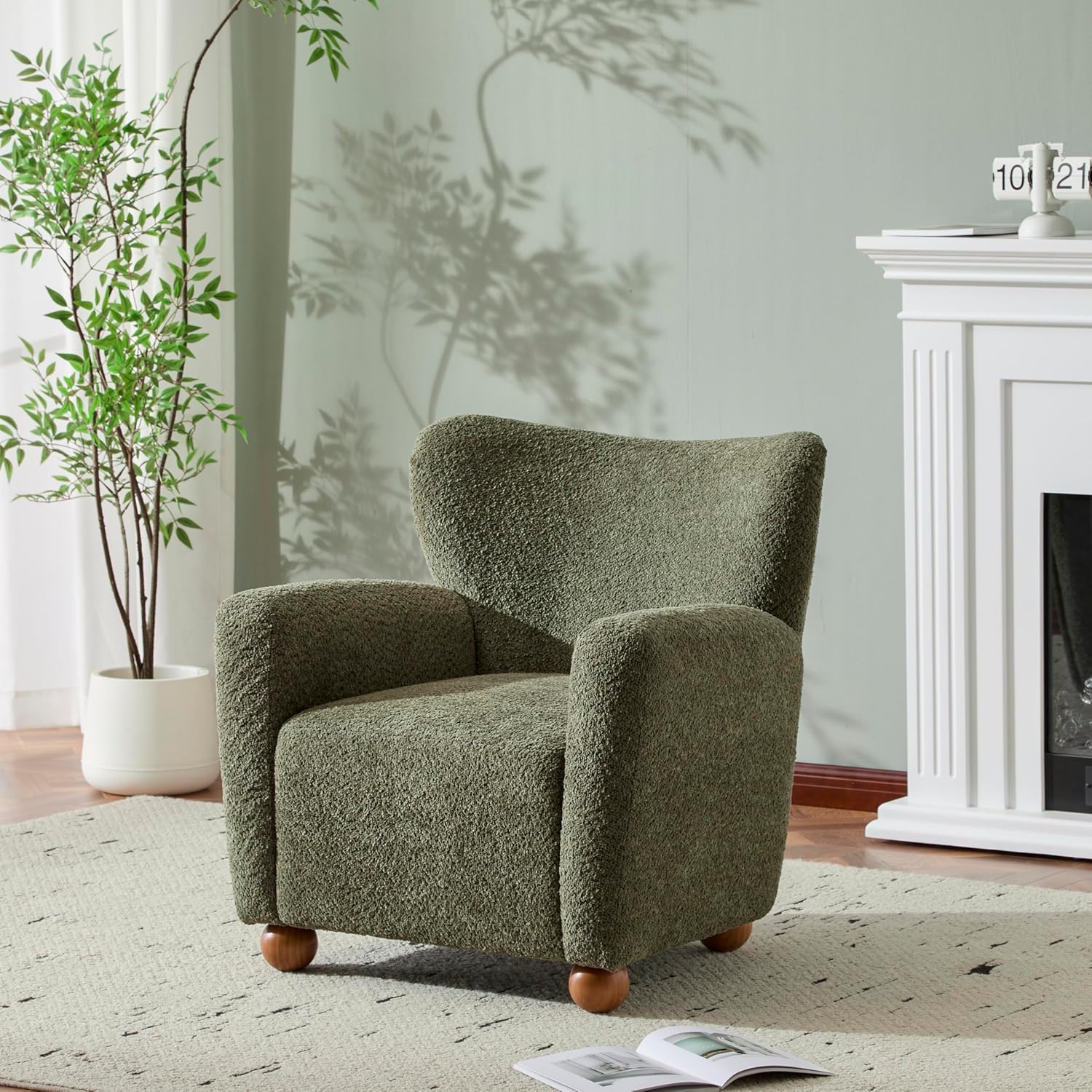 Christopher Knight Home Lindy Wingback Accent Chair, Upholstered Armchair with Rounded Wooden Legs, Curved Backrest Single Sofa, Soft Cushion Seating, Comfy Lounge Chair for Living Room, Olive Green