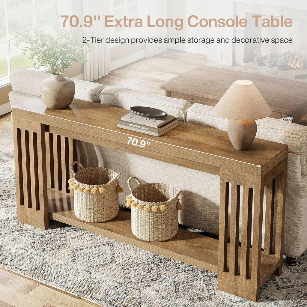 Tribesigns 70.9-Inch Extra Long Entryway Table, Farmhouse Sofa Console Table with Vertical Stripe Legs, 2-Tier Entry Furniture for Living Room, Hallway, Entrance (Light Brown)