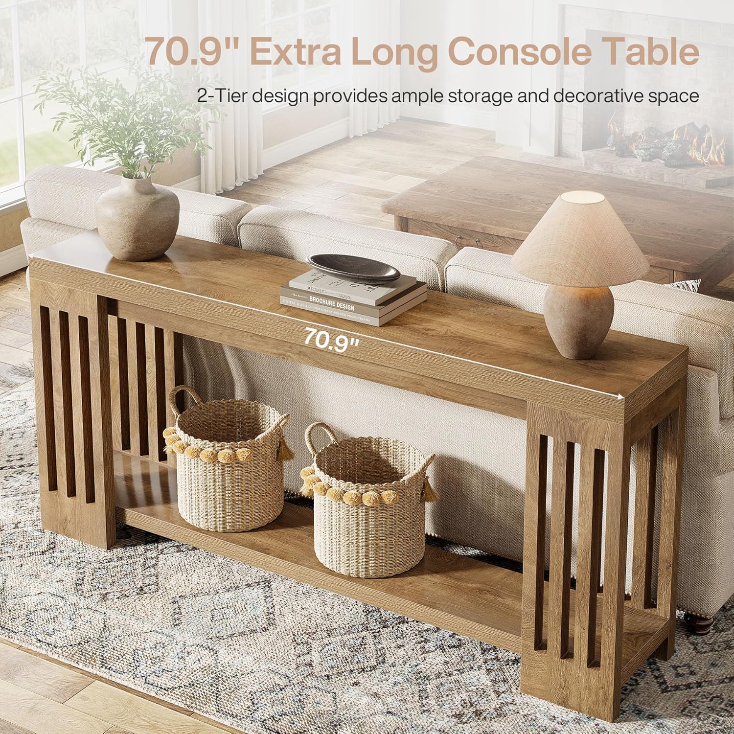 Tribesigns 70.9-Inch Extra Long Entryway Table, Farmhouse Sofa Console Table with Vertical Stripe Legs, 2-Tier Entry Furniture for Living Room, Hallway, Entrance (Light Brown)
