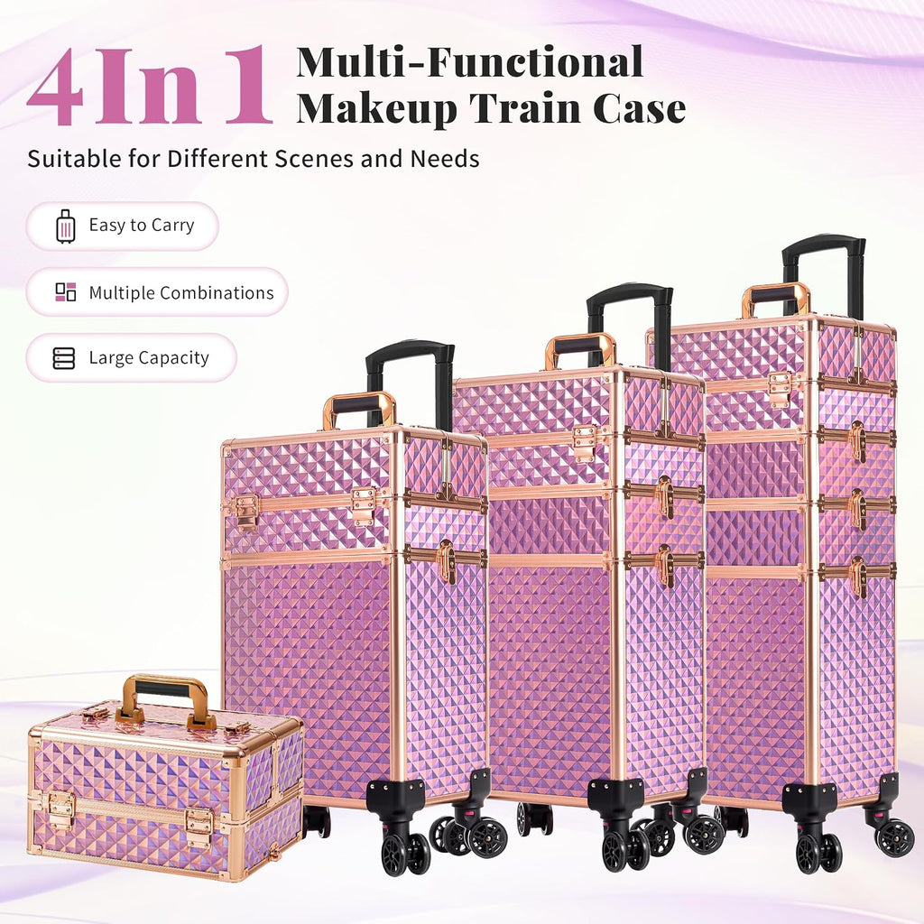 AROUS Rolling Makeup Train Case 4 in 1 Cosmetology Case on Wheels Large Storage Cosmetic Trolley with Key Salon Barber Case Traveling Cart Trunk, Pink