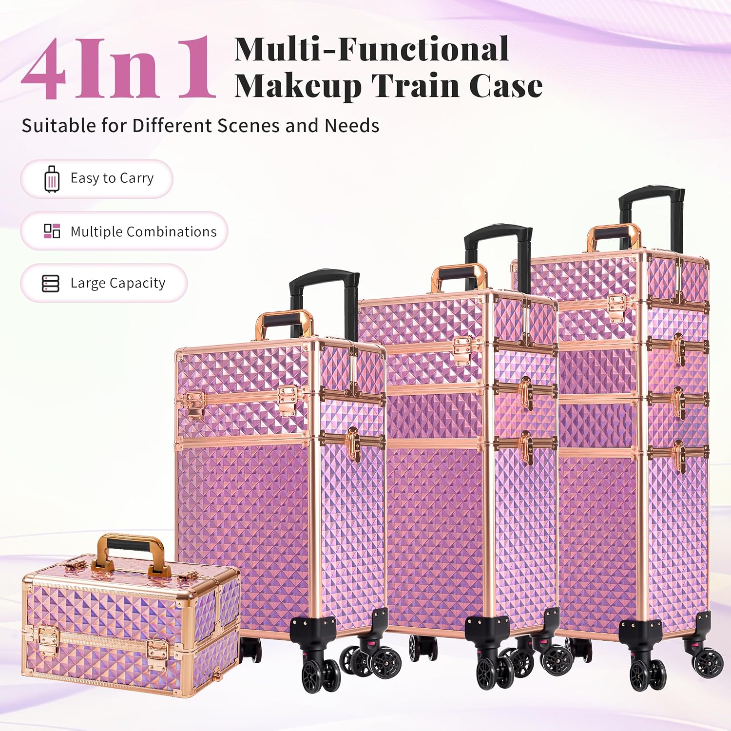 AROUS Rolling Makeup Train Case 4 in 1 Cosmetology Case on Wheels Large Storage Cosmetic Trolley with Key Salon Barber Case Traveling Cart Trunk, Pink