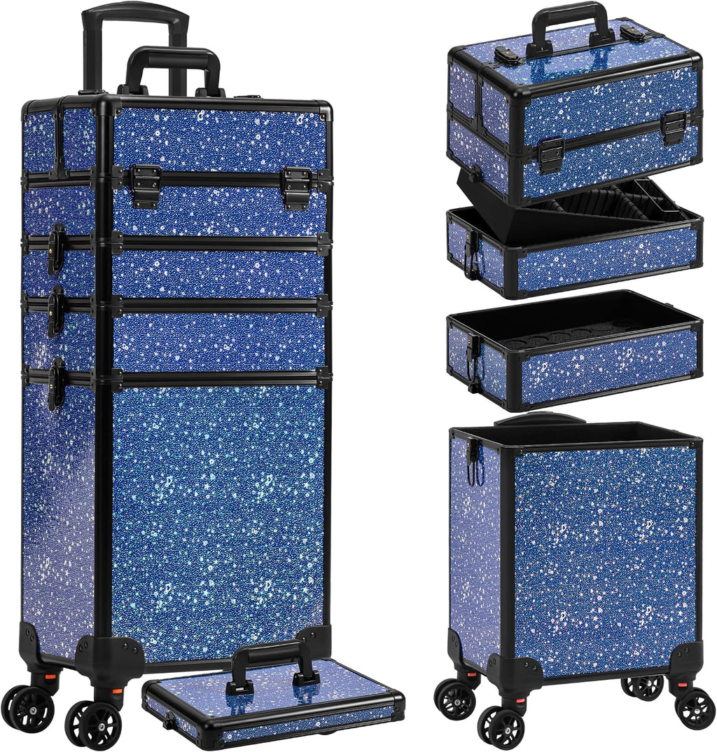 AROUS Rolling Makeup Train Case 5 in 1 Cosmetology Case on Wheels Large Cosmetic Organizer Travel Cart for Hairstylist Artist Nail Beauty Salon Barber,Blue