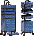 AROUS Rolling Makeup Train Case 5 in 1 Cosmetology Case on Wheels Large Cosmetic Organizer Travel Cart for Hairstylist Artist Nail Beauty Salon Barber,Blue