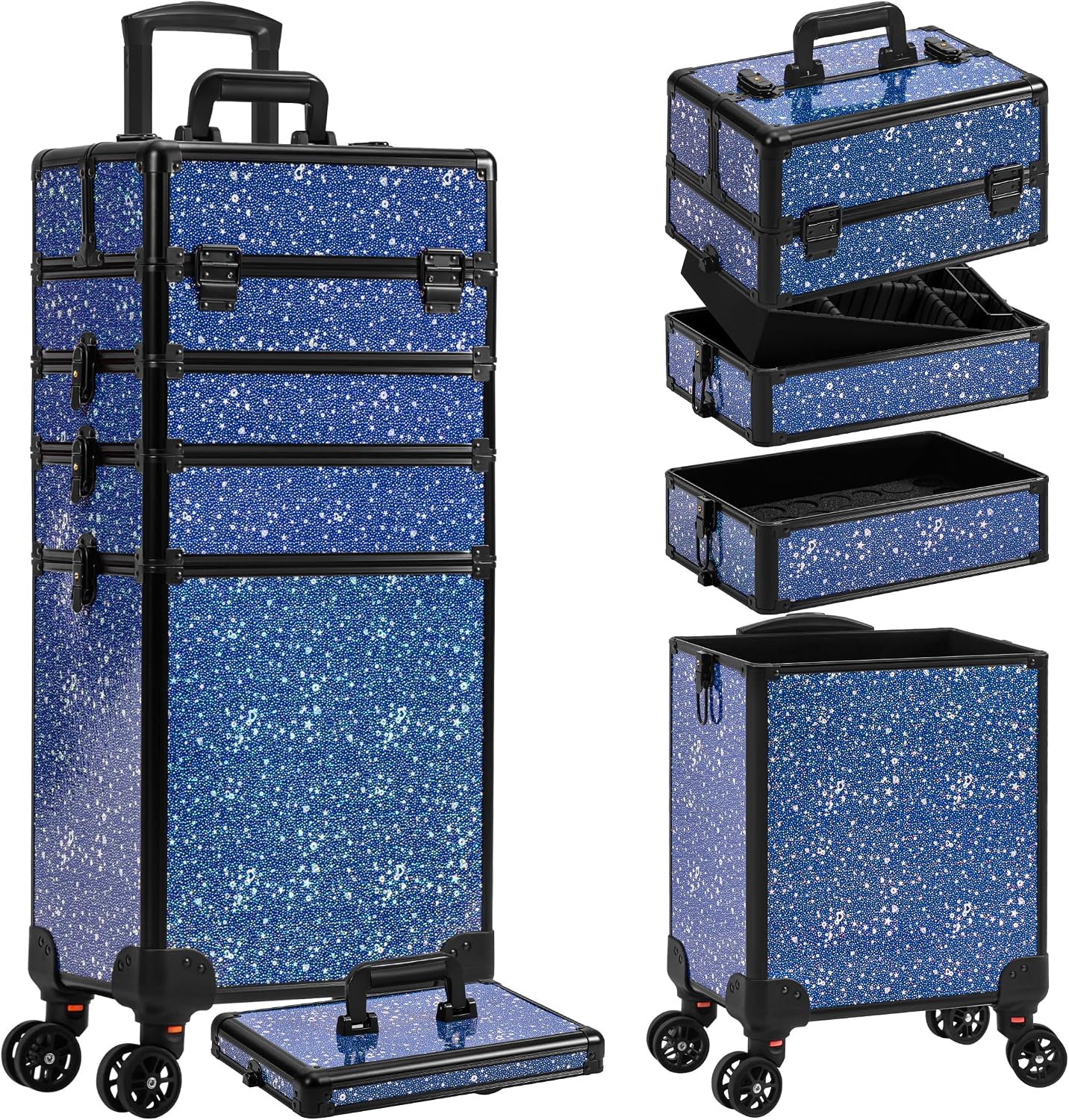 AROUS Rolling Makeup Train Case 5 in 1 Cosmetology Case on Wheels Large Cosmetic Organizer Travel Cart for Hairstylist Artist Nail Beauty Salon Barber,Blue