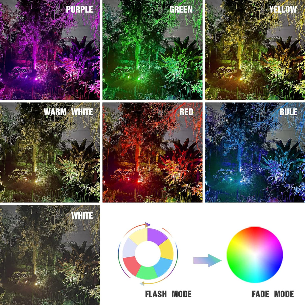 GOODSMANN RGBW Low Voltage LED Spotlights 4PK Color Changing Landscape Lights 12V-15V 12W 650 Lumen Outdoor Spot Lights 9 Lighting Modes Aluminum Flood Lights with Connectors and Metal Spike Stakes