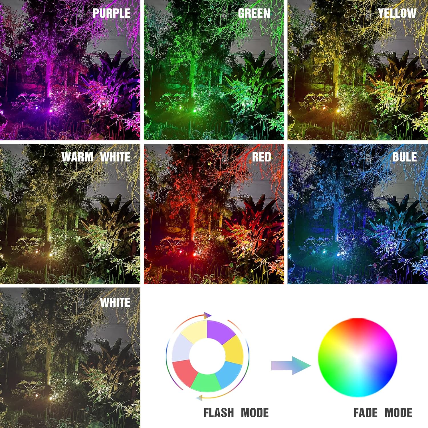 GOODSMANN RGBW Low Voltage LED Spotlights 4PK Color Changing Landscape Lights 12V-15V 12W 650 Lumen Outdoor Spot Lights 9 Lighting Modes Aluminum Flood Lights with Connectors and Metal Spike Stakes