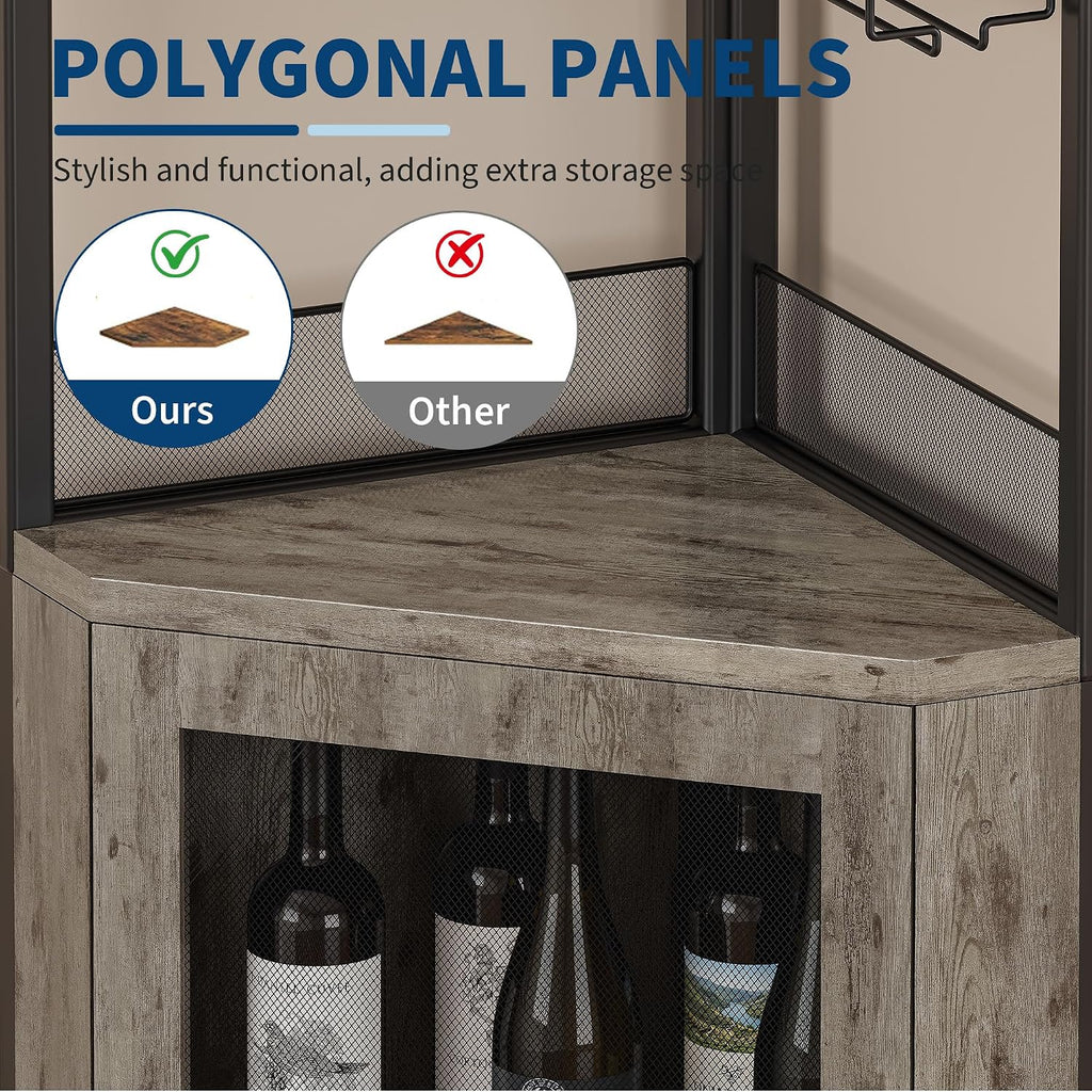 GarveeHome Corner Bar Wine Cabinet with LED Lights, 5-Tier Industrial Wine Cabinet with Glass Holder, Modern Liquor Cabinet with Adjustable Shelf, Home Bar Cabinet with Mesh Door, Grey