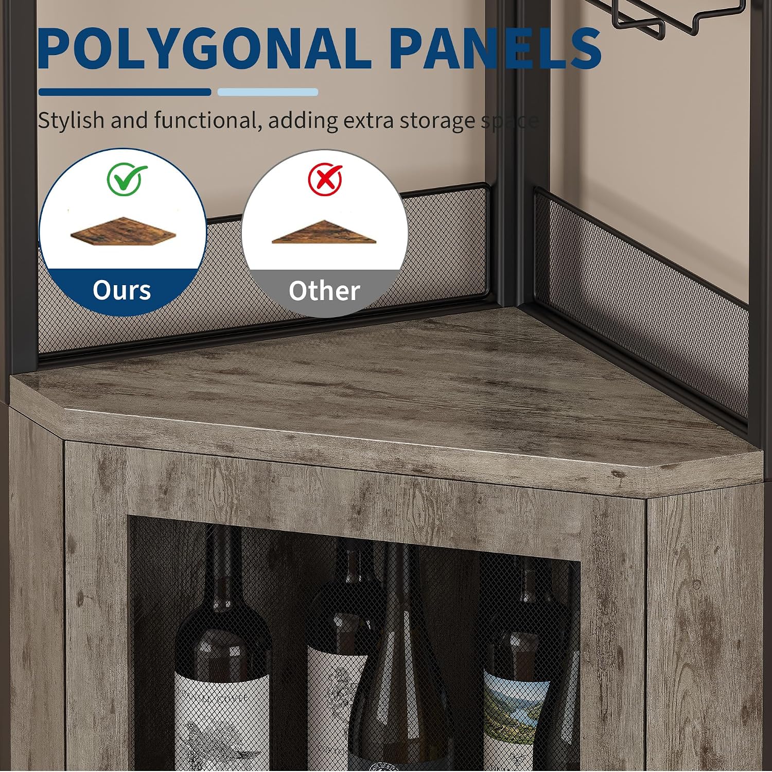 GarveeHome Corner Bar Wine Cabinet with LED Lights, 5-Tier Industrial Wine Cabinet with Glass Holder, Modern Liquor Cabinet with Adjustable Shelf, Home Bar Cabinet with Mesh Door, Grey