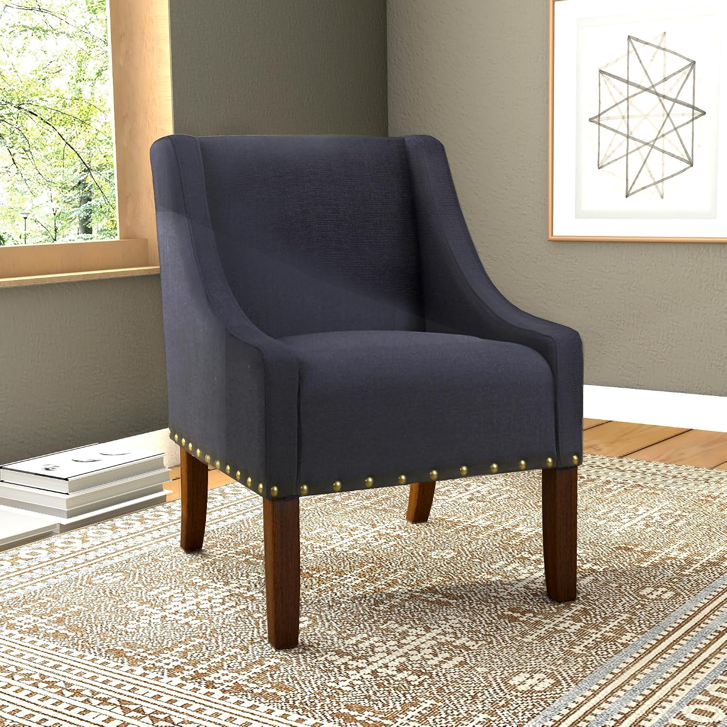 Homepop Home Decor | Upholstered Classic Swoop Arm Accent Chair | Accent Chairs for Living Room & Bedroom | Decorative Home Furniture, Deep Navy