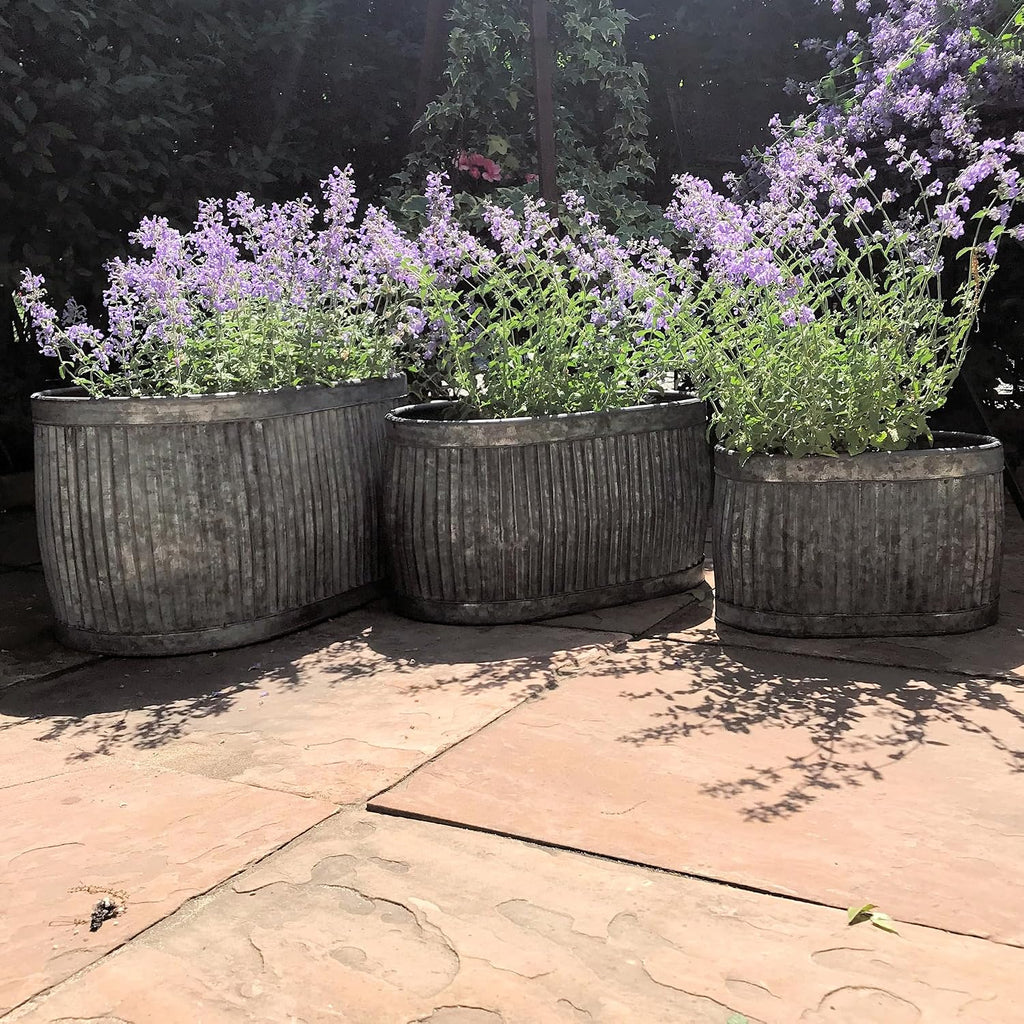 WHW Whole House Worlds French Country Style Oval Belly Planters, Set of 3, Galvanized Metal, Chubby, Corrugated Cache Pots, Rustic, Over 2 Ft Long (24 1/2, 20 and 14 1/2 Inches)
