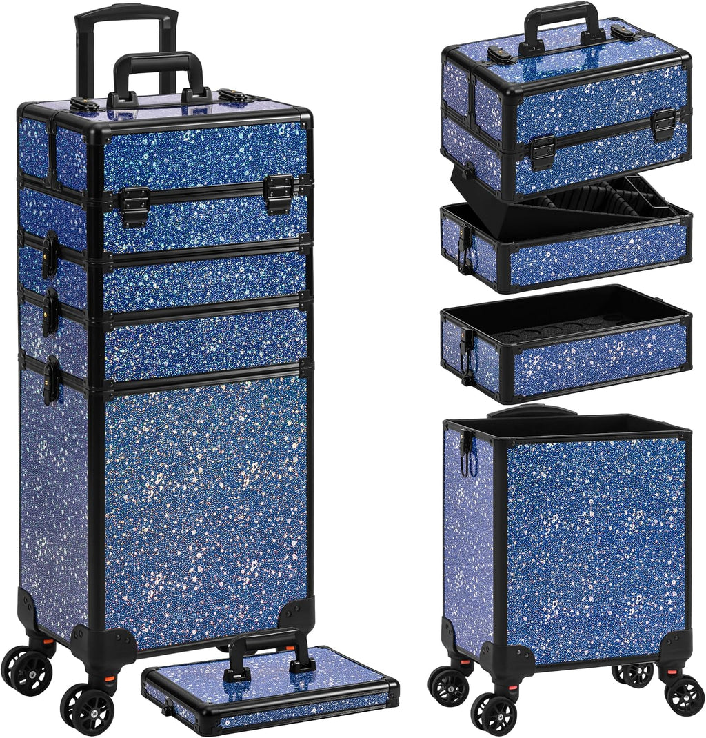 AROUS Rolling Makeup Train Case 5 in 1 Cosmetology Case on Wheels Large Cosmetic Organizer Travel Cart for Hairstylist Artist Nail Beauty Salon Barber,Blue