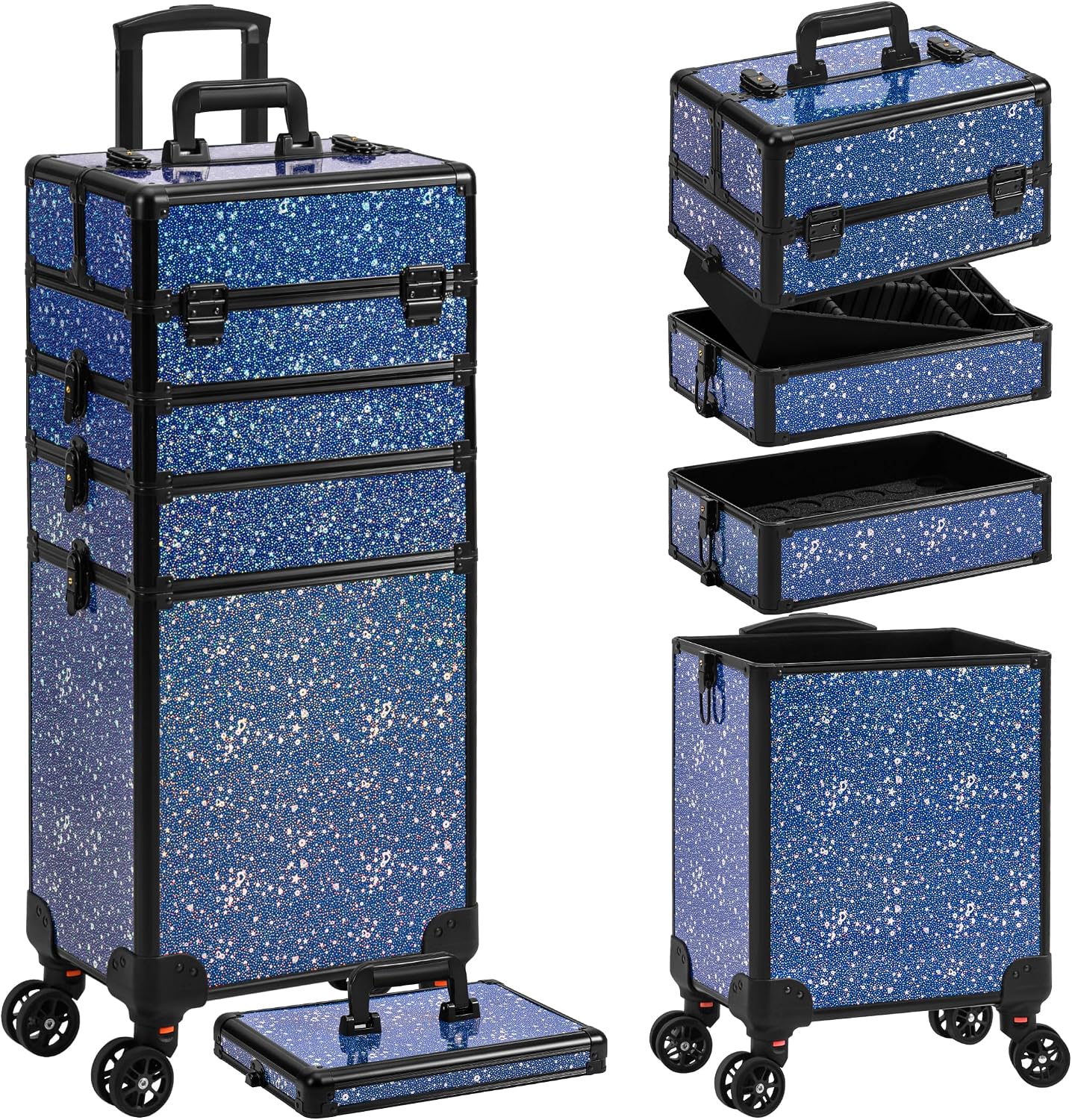 AROUS Rolling Makeup Train Case 5 in 1 Cosmetology Case on Wheels Large Cosmetic Organizer Travel Cart for Hairstylist Artist Nail Beauty Salon Barber,Blue