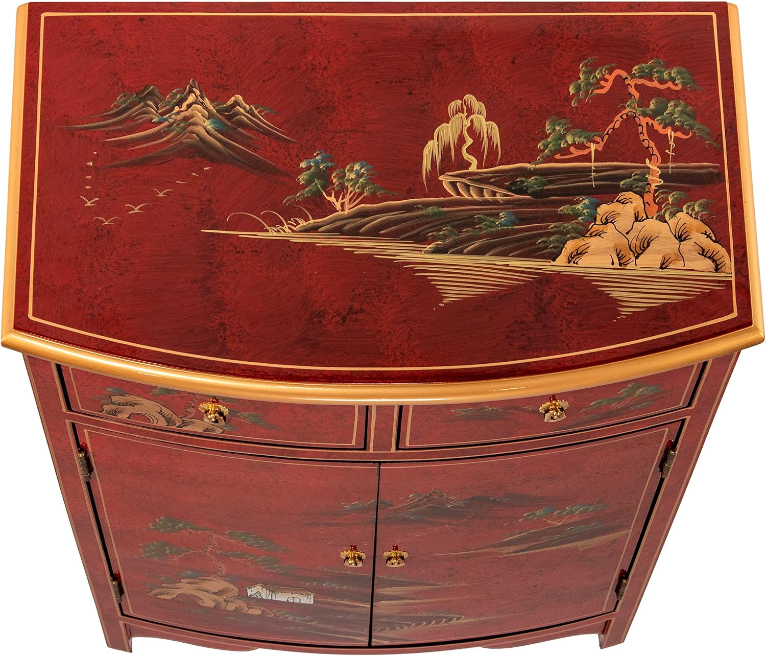 Red Lantern Artisan Crafted Lacquer Storage Cabinet - Red with Hand-Painted Chinese Landscape