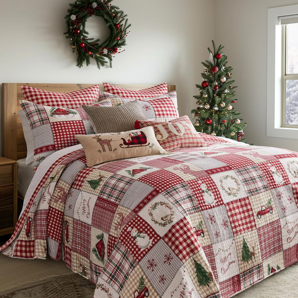 Levtex Home - Home for Christmas Bedspread Set - Twin Bedspread and One Standard Sham - Patchwork - Green Red Taupe Cream - Bedspread (80x106in.) and Sham (20x26in.) - Cotton/Polyester