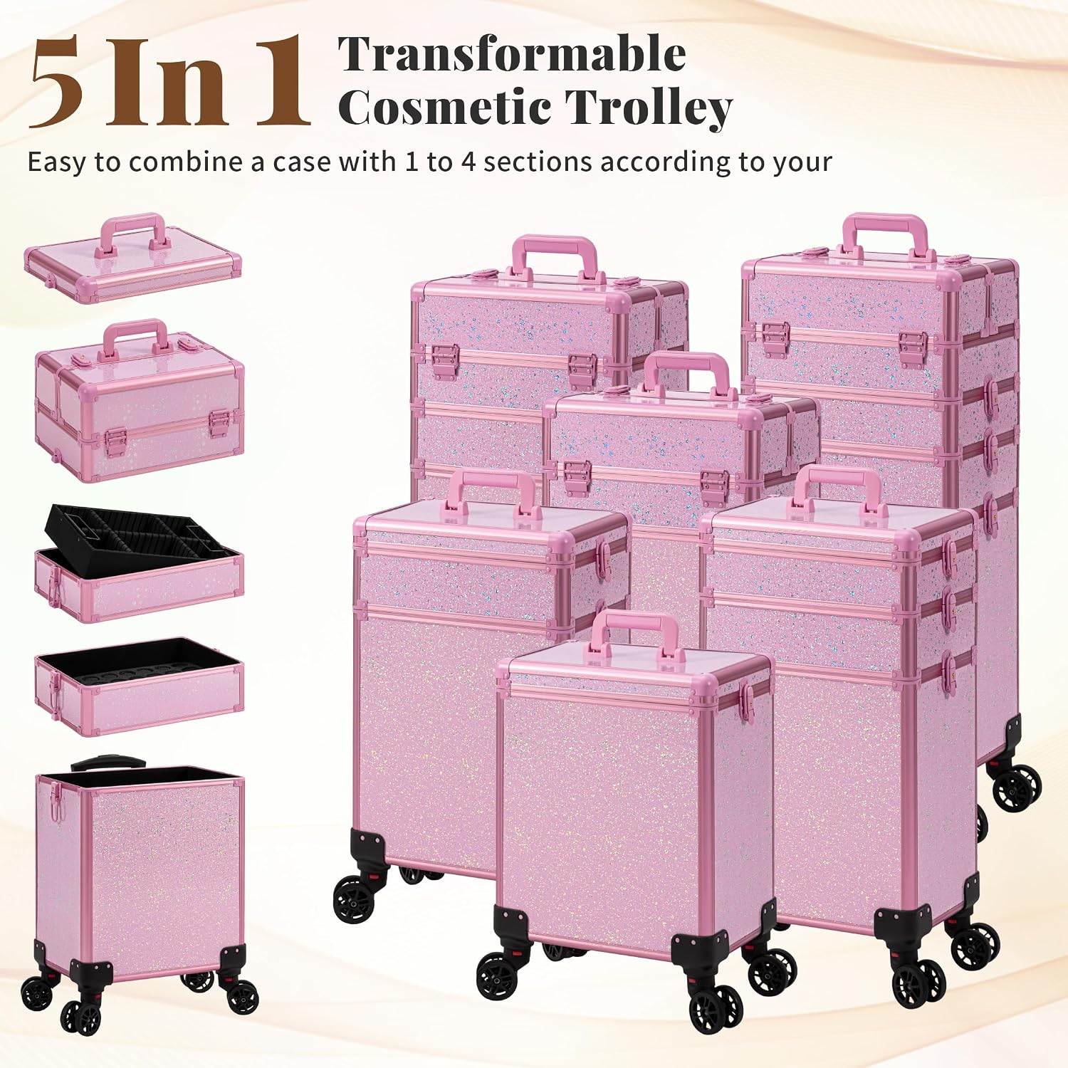 AROUS Rolling Makeup Train Case Large Storage Cosmetic Trolley 5 in 1 Large Capacity Trolley Makeup Travel Case with Key Swivel Wheels Salon Barber Case Traveling Cart Trunk, Pink