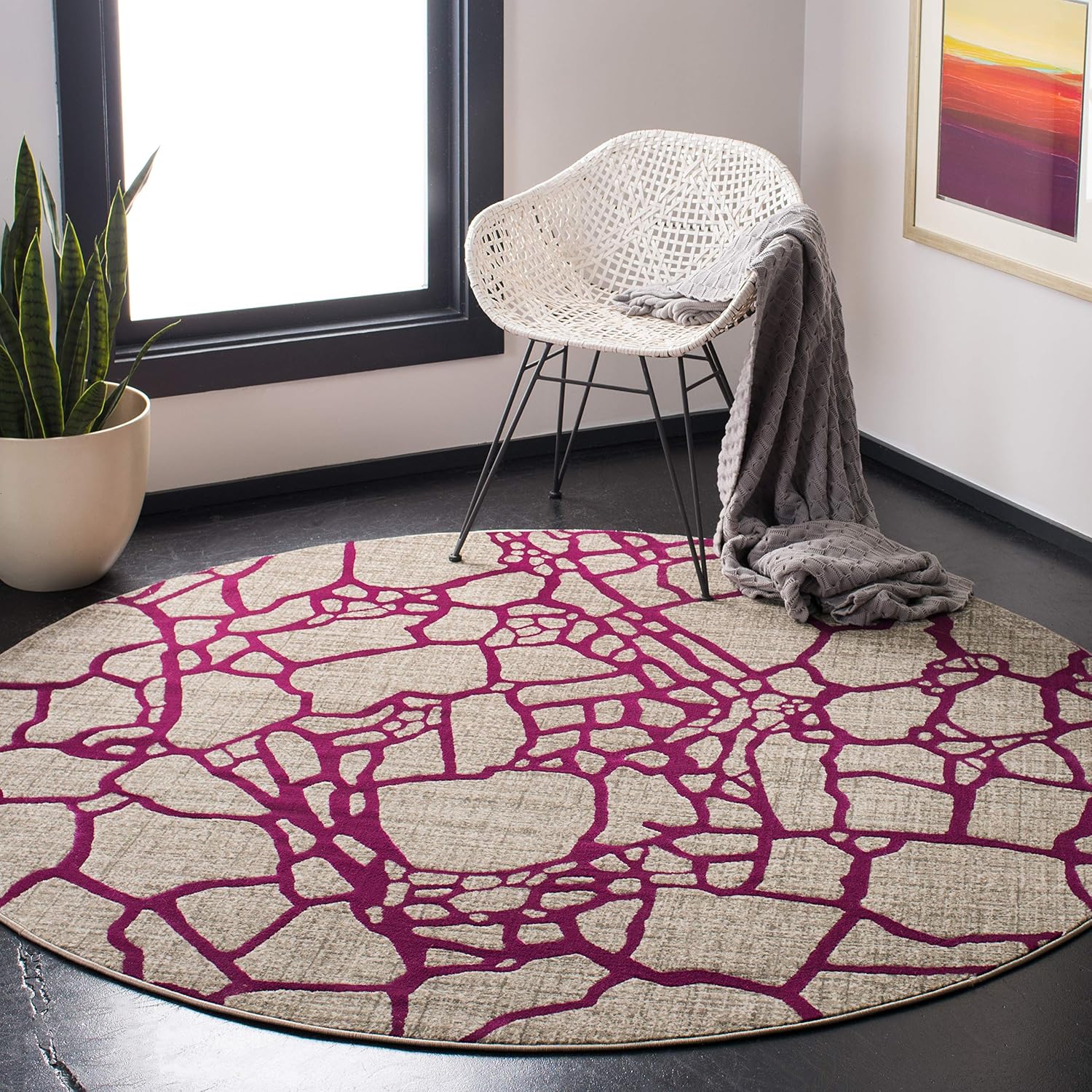 SAFAVIEH Porcello Collection Area Rug - 6'7' Round, Light Grey & Purple, Modern Abstract Design, Non-Shedding & Easy Care, Ideal for High Traffic Areas in Living Room, Bedroom (PRL7737B)