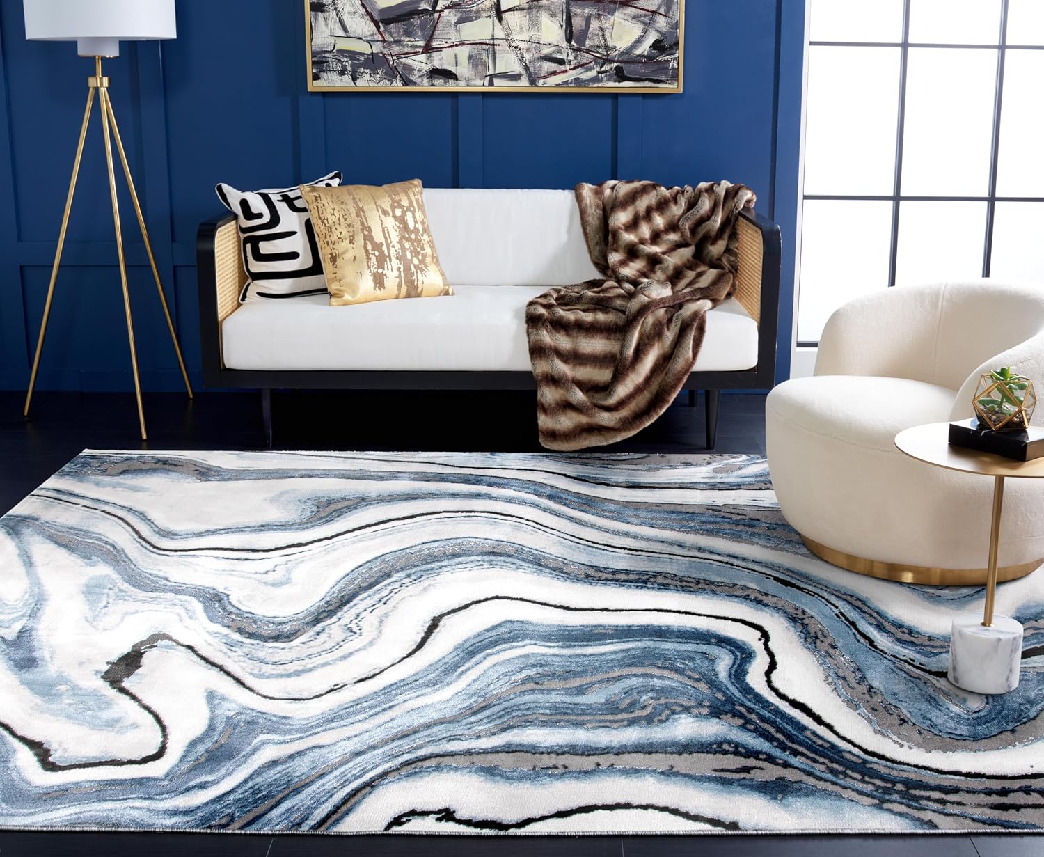 SAFAVIEH Craft Collection Area Rug - 6'7' x 9', Blue & Grey, Modern Abstract Design, Non-Shedding & Easy Care, Ideal for High Traffic Areas in Living Room, Bedroom (CFT819M)