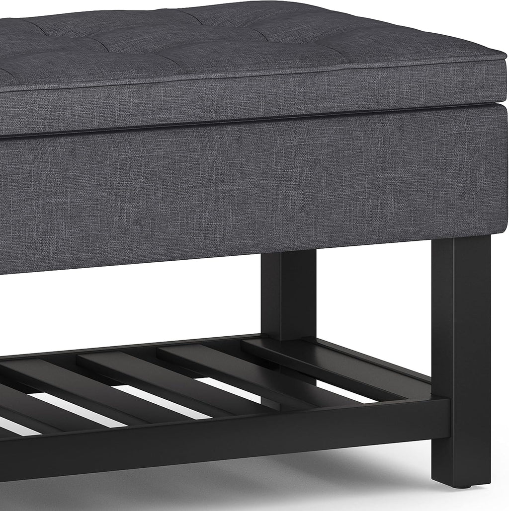 SIMPLIHOME Cosmopolitan Storage Ottoman Bench - 44 inch Wide Upholstered Linen Look Fabric Rectangle Storage Ottoman in Slate Grey, Transitional Bench for Bedroom with Tufted Lift-Top and Open Shelf