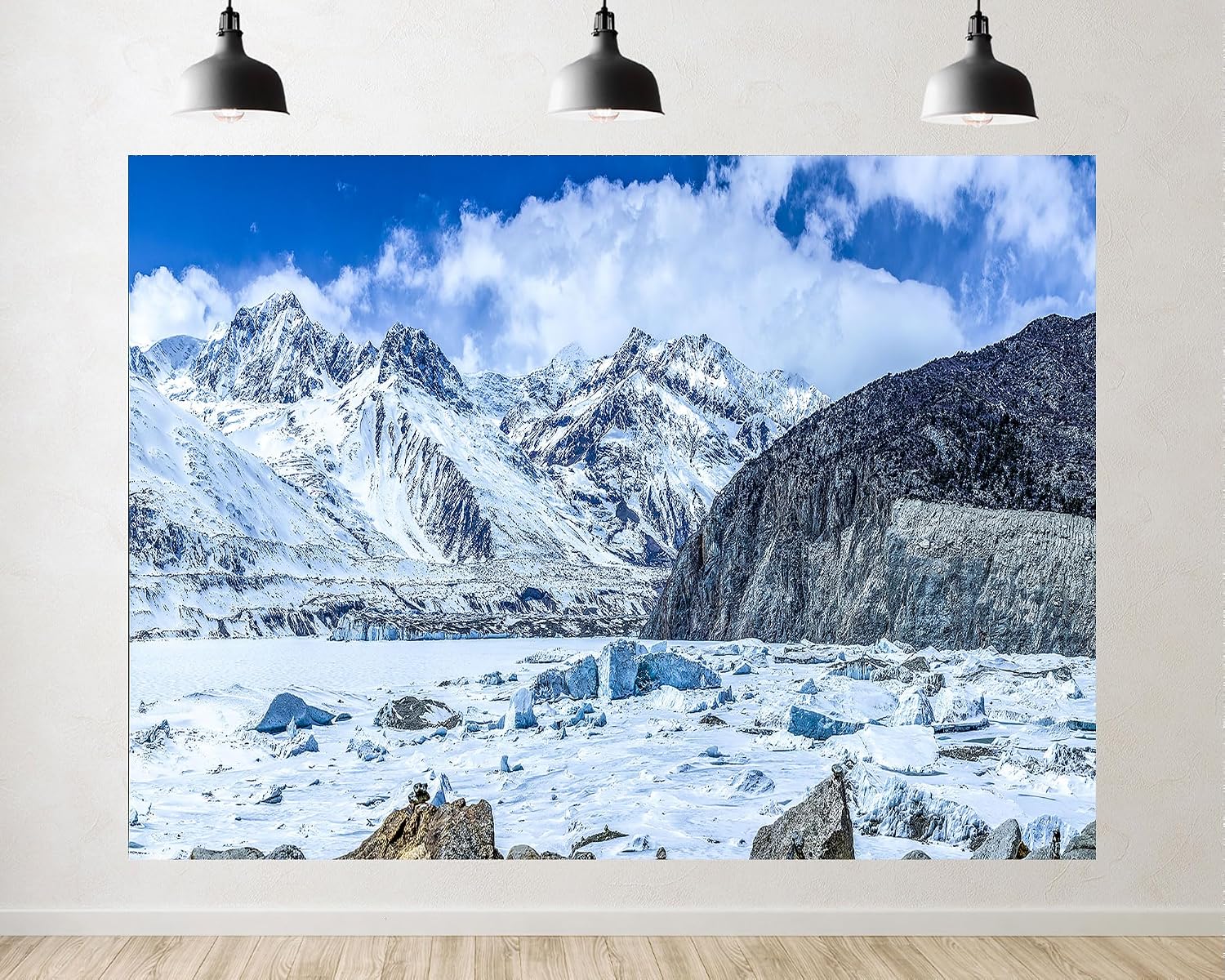 Trykid 20x10ft Glacier Lake Snow Mountain Backdrop Scenic Ice Floes Rocky Peak Clear Sky Photography Background Outdoor Adventure Party Decoration Photo Booth Prop Fabric
