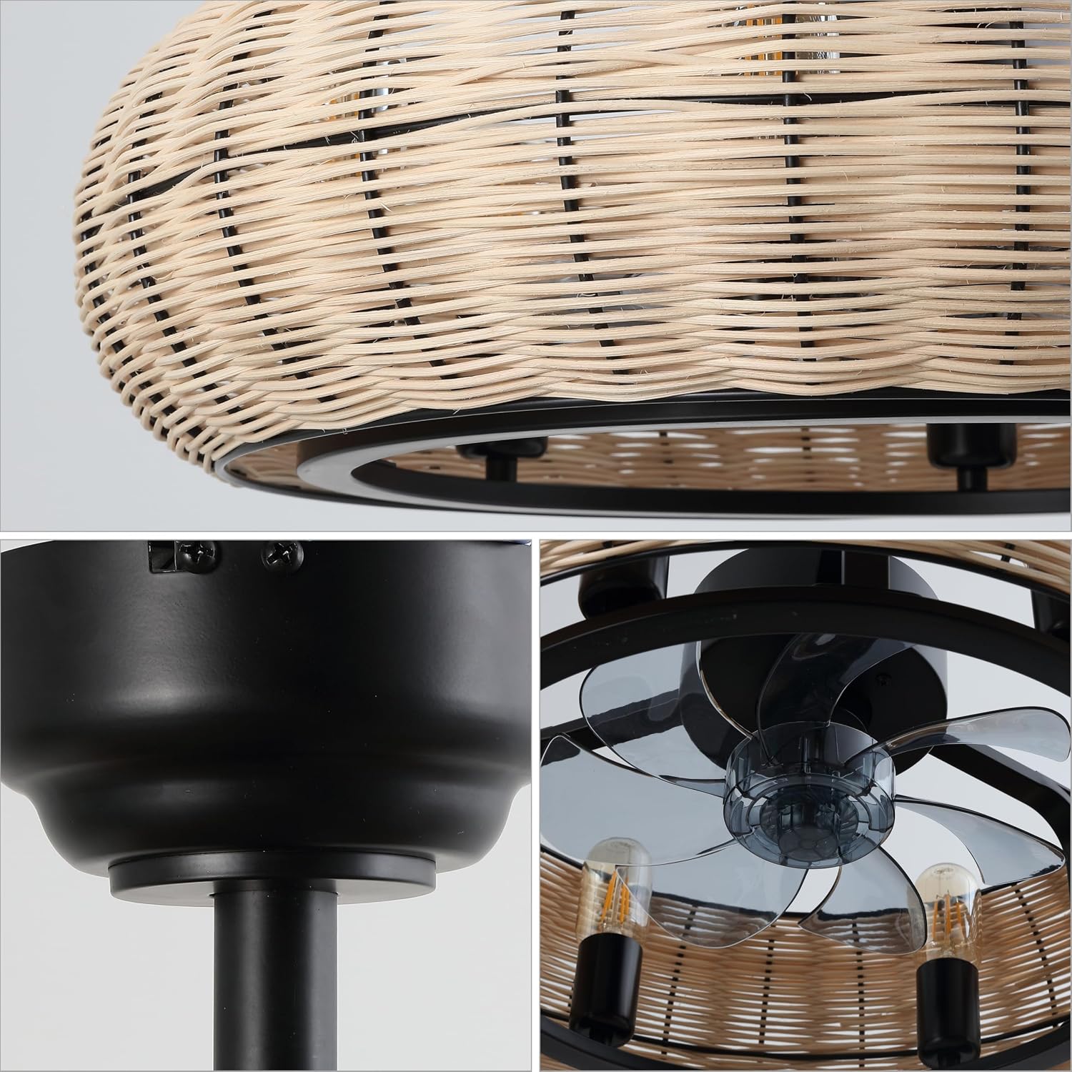 JONATHAN Y 23' Light Brown/Black 6-Light Modern Bohemian Ceiling Fan with Lights, 6-Speed Remote and App Control, Height Adjustable LED Lantern with Dark Brown Rattan Shade for Living Room (JYL9728B)