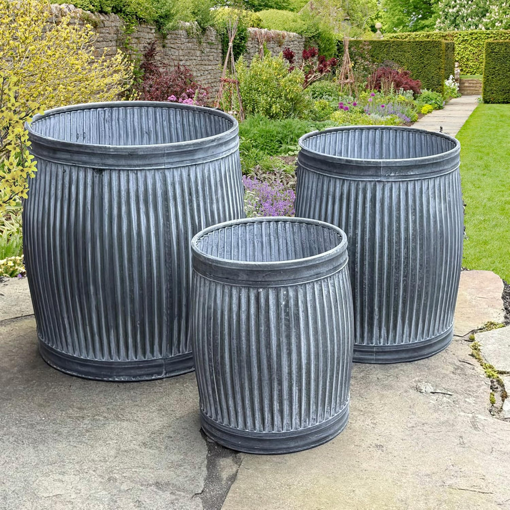 WHW Whole House Worlds French Country Style Tall Belly Bucket Pot Planters, Set of 3, Galvanized Metal, Vintage Grey, White Patina, Corrugated Cache Pots, Rustic, 22.5'