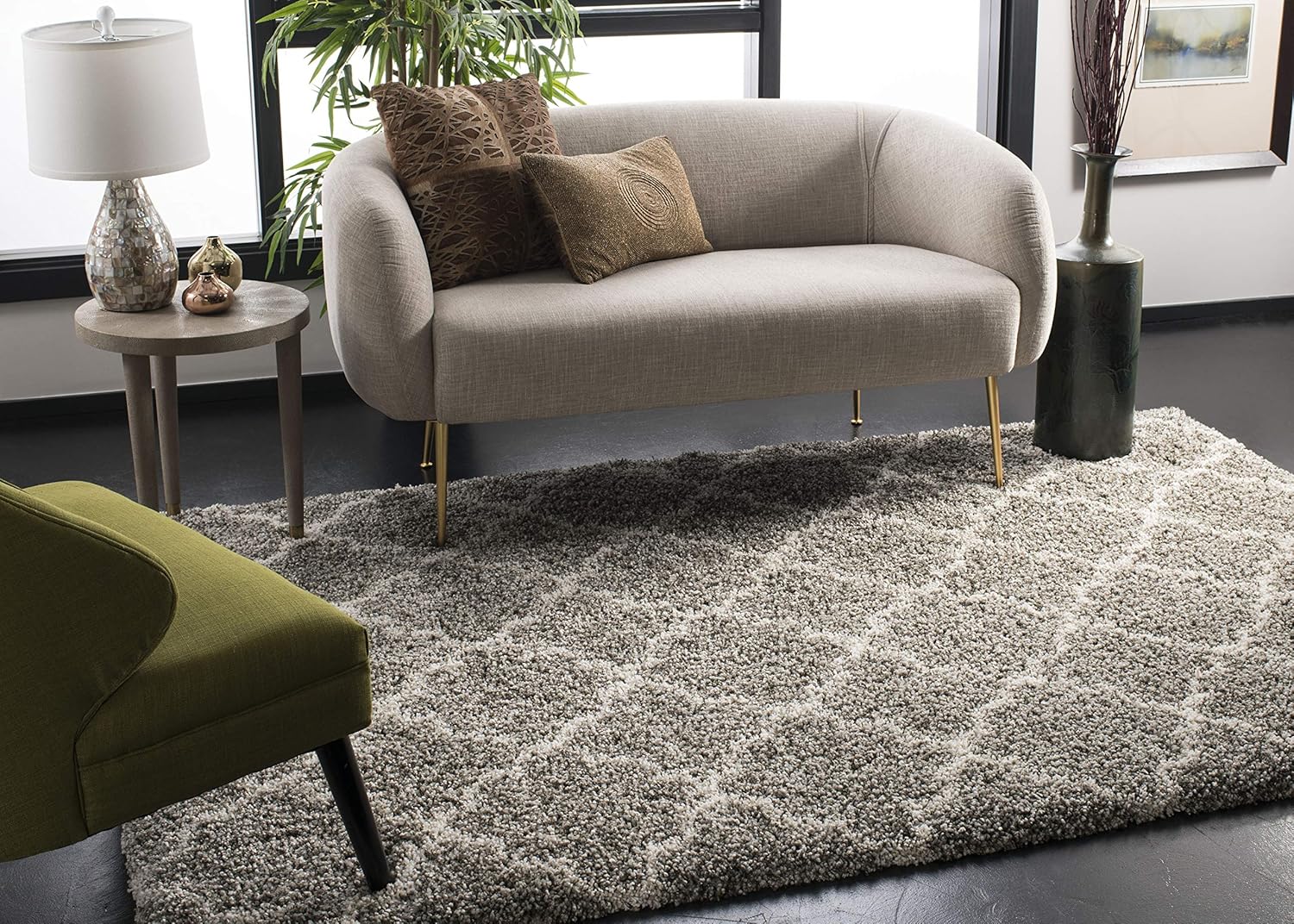SAFAVIEH Hudson Shag Collection Area Rug - 7' Square, Grey & Ivory, Moroccan Trellis Design, Non-Shedding & Easy Care, 2-inch Thick Ideal for High Traffic Areas in Living Room, Bedroom (SGH282B)