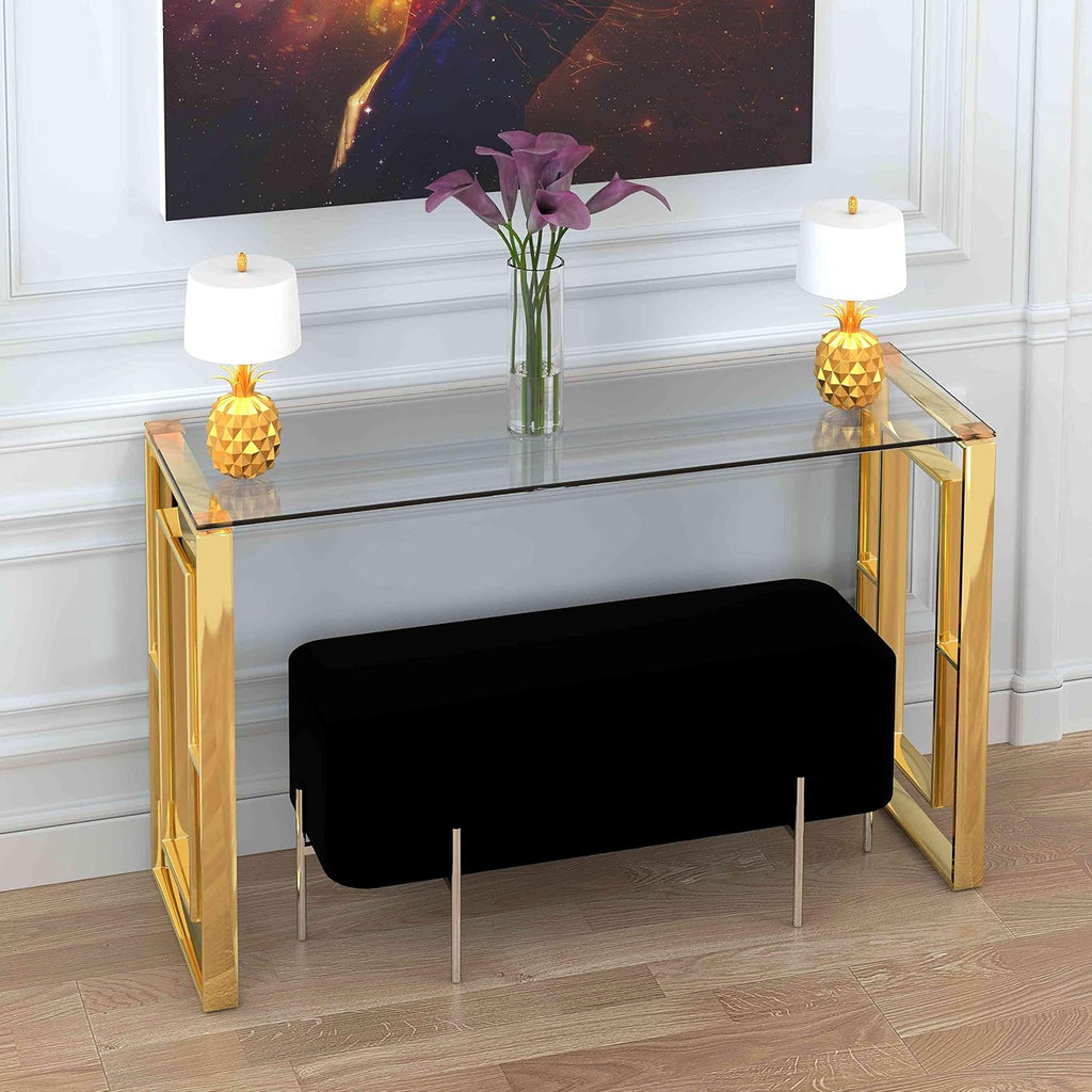 Cortesi Home Laila Console Table Stainless Steel Glass, 15.75' D x 47' W x 30.5' H, Gold,Clear