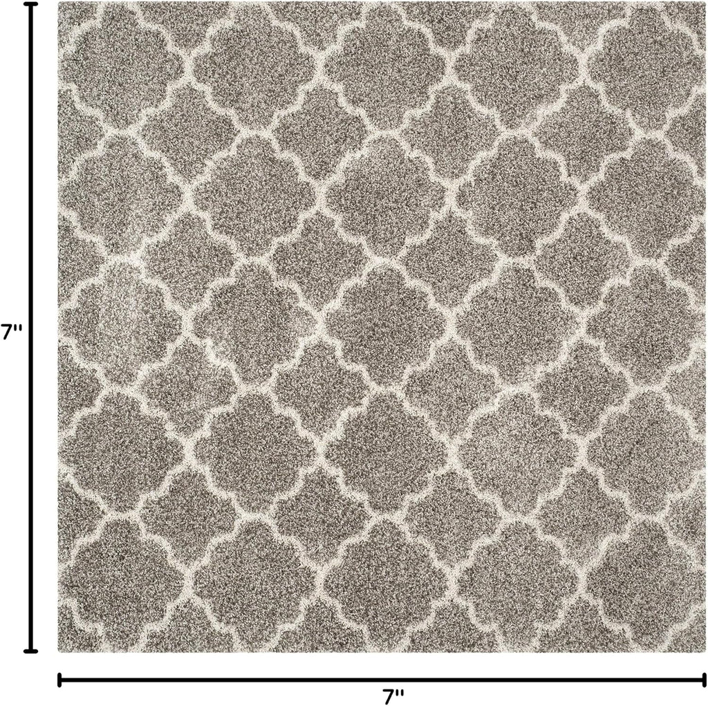 SAFAVIEH Hudson Shag Collection Area Rug - 7' Square, Grey & Ivory, Moroccan Trellis Design, Non-Shedding & Easy Care, 2-inch Thick Ideal for High Traffic Areas in Living Room, Bedroom (SGH282B)