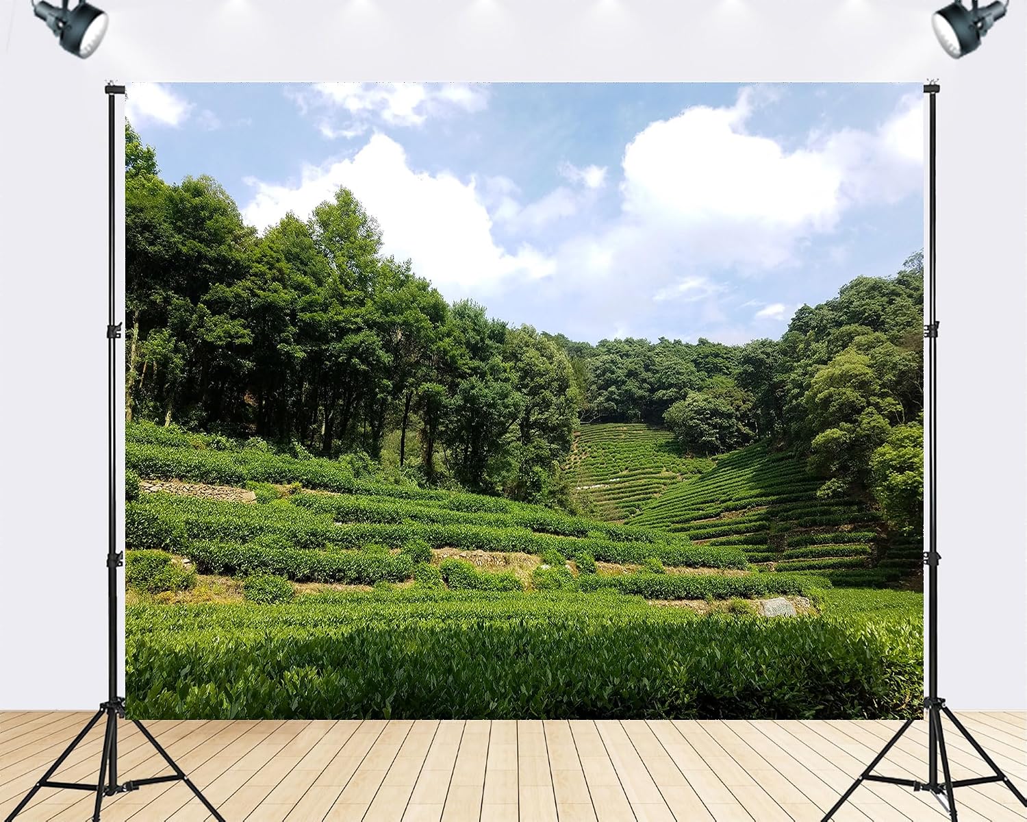 Trykid 20x10ft Lush Green Tea Terrace Backdrop Scenic Tiered Plantation Forested Mountain Clear Sky Photography Background Farm Themed Party Decoration Photo Booth Prop Fabric