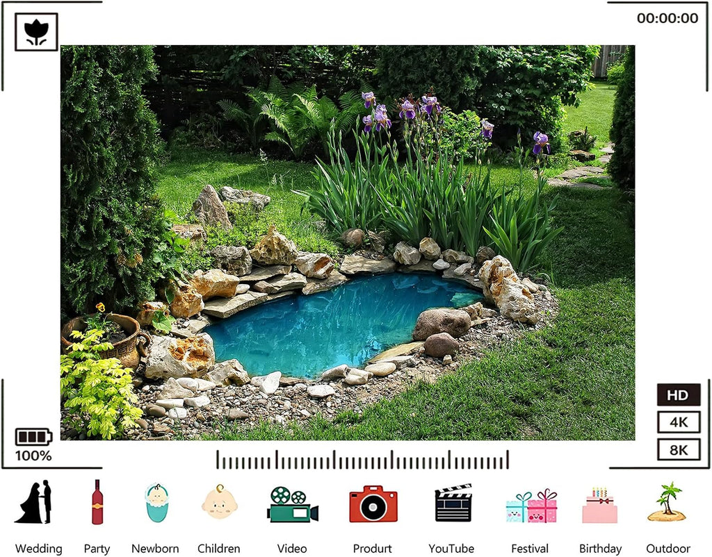 Trykid 20x10ft Backyard Pond Backdrop Iris Blooms Smooth Rocks Lush Foliage Clear Turquoise Water Tranquil Garden Photography Background Peaceful Retreat Decoration Photo Booth Prop Fabric
