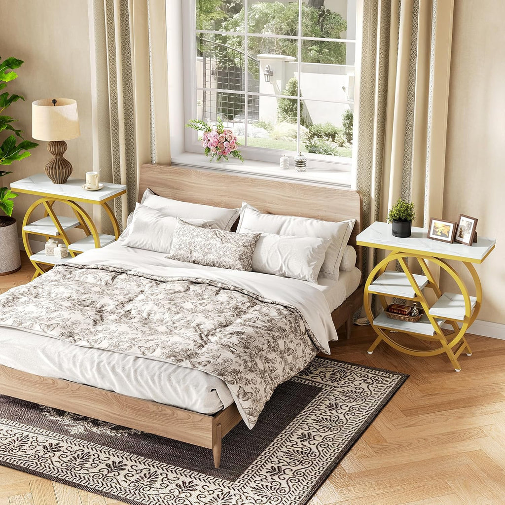 LITTLE TREE End Table Set of 2, 4-Tier Narrow Faux Marble Side Table with Large Storage Space, Modern Nightatsnd and Bedside Table for Living Room, Home Office, Bedroom, White and Gold