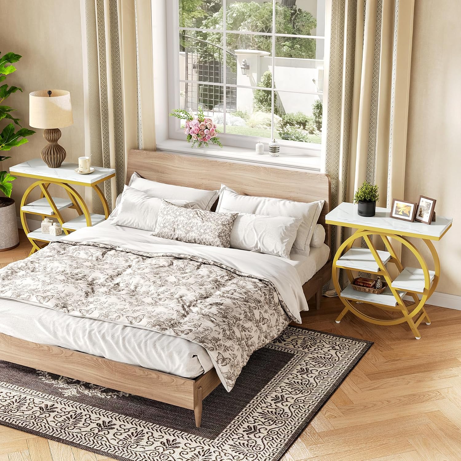 LITTLE TREE End Table Set of 2, 4-Tier Narrow Faux Marble Side Table with Large Storage Space, Modern Nightatsnd and Bedside Table for Living Room, Home Office, Bedroom, White and Gold