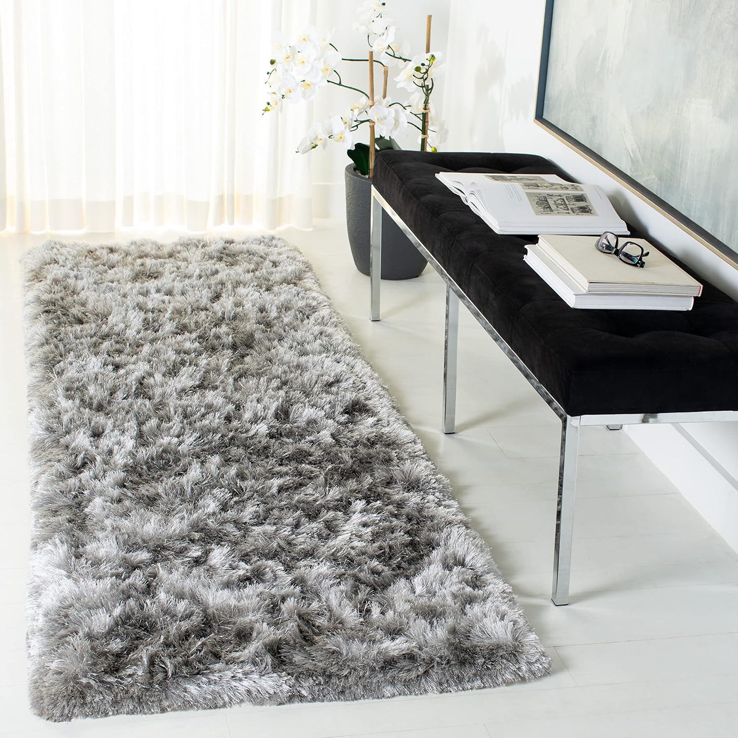 SAFAVIEH Ocean Shag Collection Runner Rug - 2'3' x 12', Silver, Handmade Solid, 2.4-inch Thick Ideal for High Traffic Areas in Living Room, Bedroom (OCG101G)