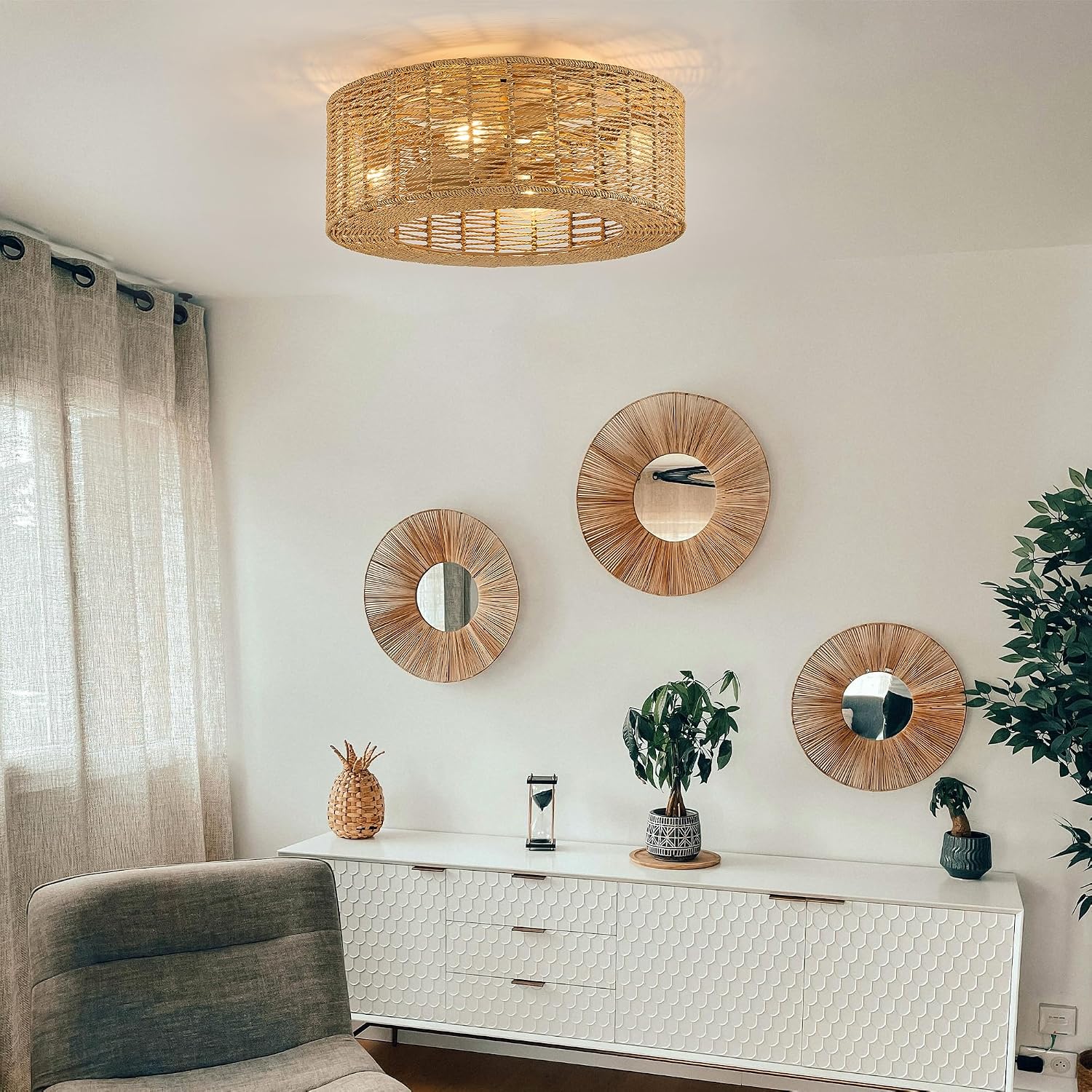 20' Rattan Caged Flush Mount Fandelier，Brown Boho Ceiling Fan with Remote, Reversible