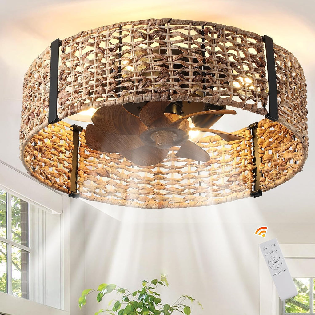 Ganeed 20' Boho Fandelier Ceiling Fan with Light, Rattan Caged Ceiling Fan with Light and Remote Control, Quiet Reversible Motor Enclosed Low Profile 6 Speeds for Bedroom Living Room Porch Kids Room