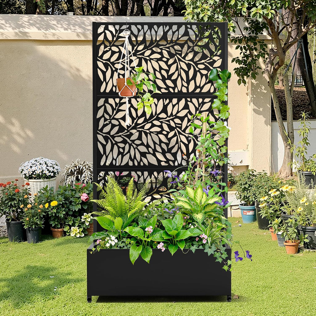 Metal Raised Garden Bed with Trellis, 2 in 1 Trellis with Planter Box & Privacy Screen for Climbing Plants, Vine, Outdoor Standing Flower Beds with Drainage Holes, 35.4'L x 15.7'W x 70.10'H,(Black)