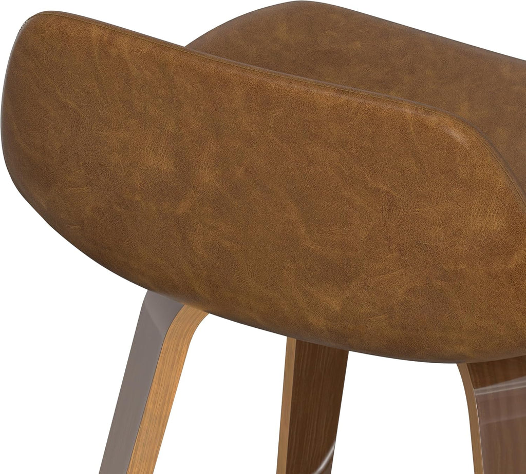 SIMPLIHOME Randolph Counter Stools (Set of 2) - 28 Inch Seat Height Upholstered Bentwood Kitchen Seats in Deep Tan Vegan Faux Leather, Mid Century Modern Seating with Curved Backrest and Footrest