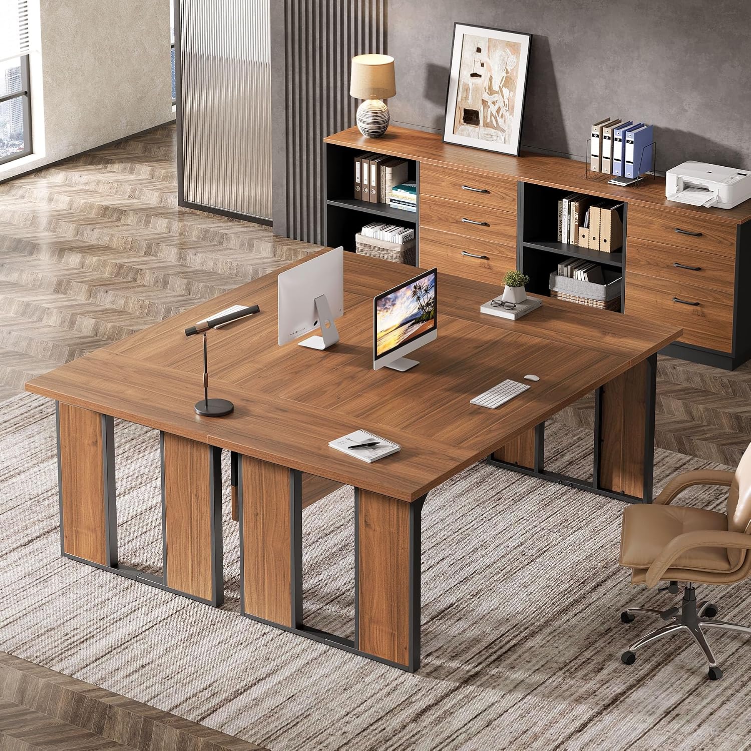 Tribesigns 63'' L-Shaped Executive Desk, Office Table with 39.37-Inch Drawers Cabinet, Large Computer Desk with Storage Shelves, Business Furniture Set for Home Office, Brown & Black