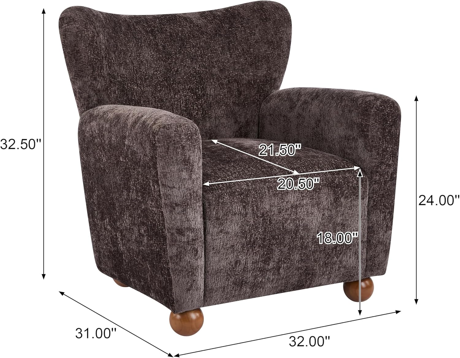 Christopher Knight Home Lindy Wingback Accent Chair, Upholstered Armchair with Rounded Wooden Legs, Curved Backrest Single Sofa, Soft Cushion Seating, Comfy Lounge Chair for Living Room, Dark Brown